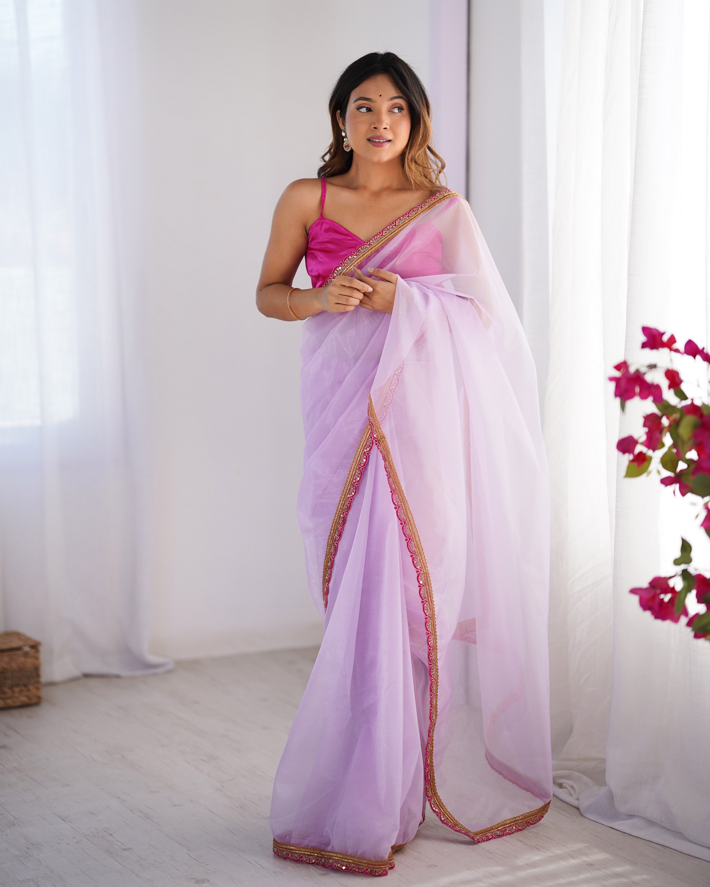 Purple Twill Net Designer Lace Work Fancy Partywear Saree