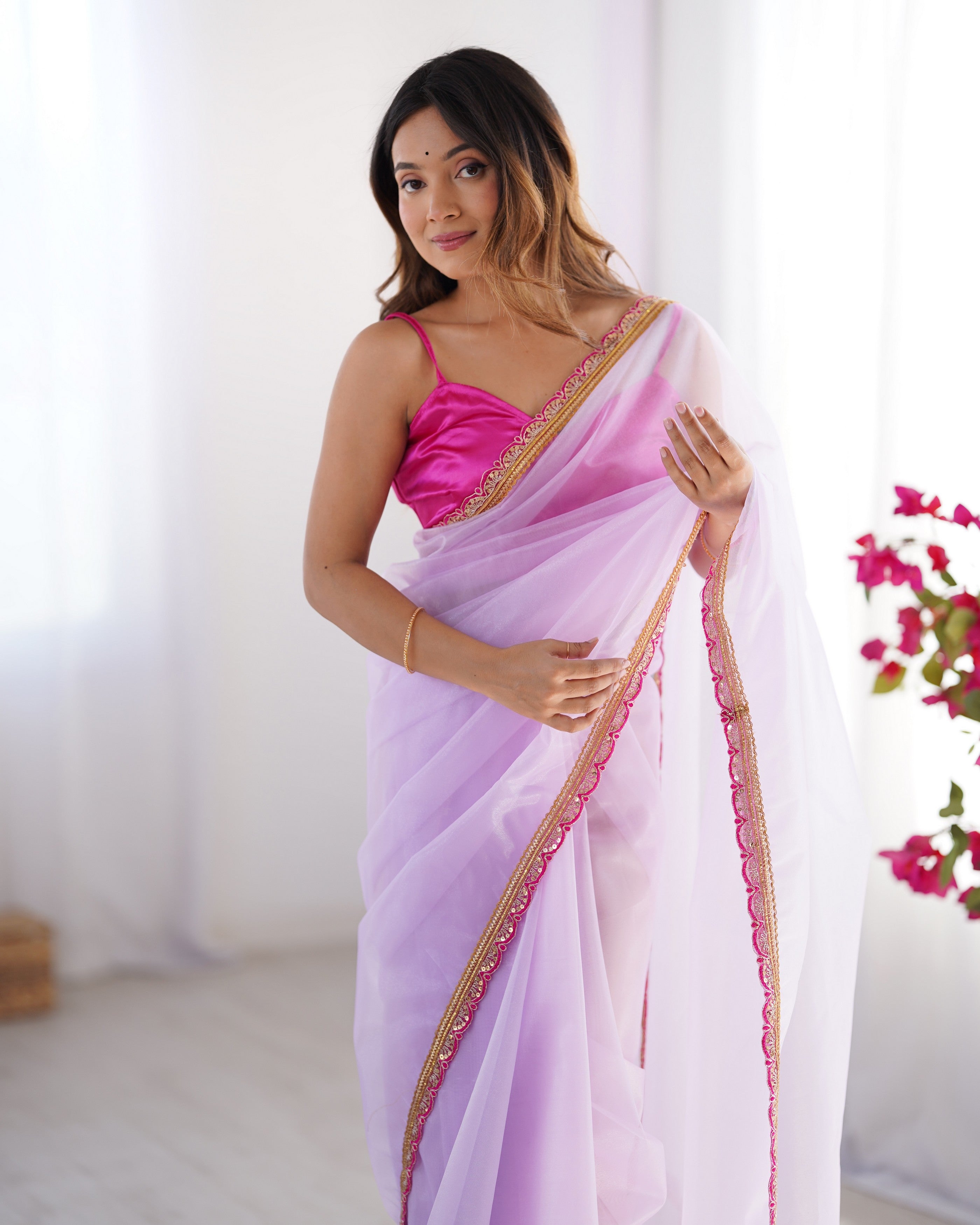 Purple Twill Net Designer Lace Work Fancy Partywear Saree