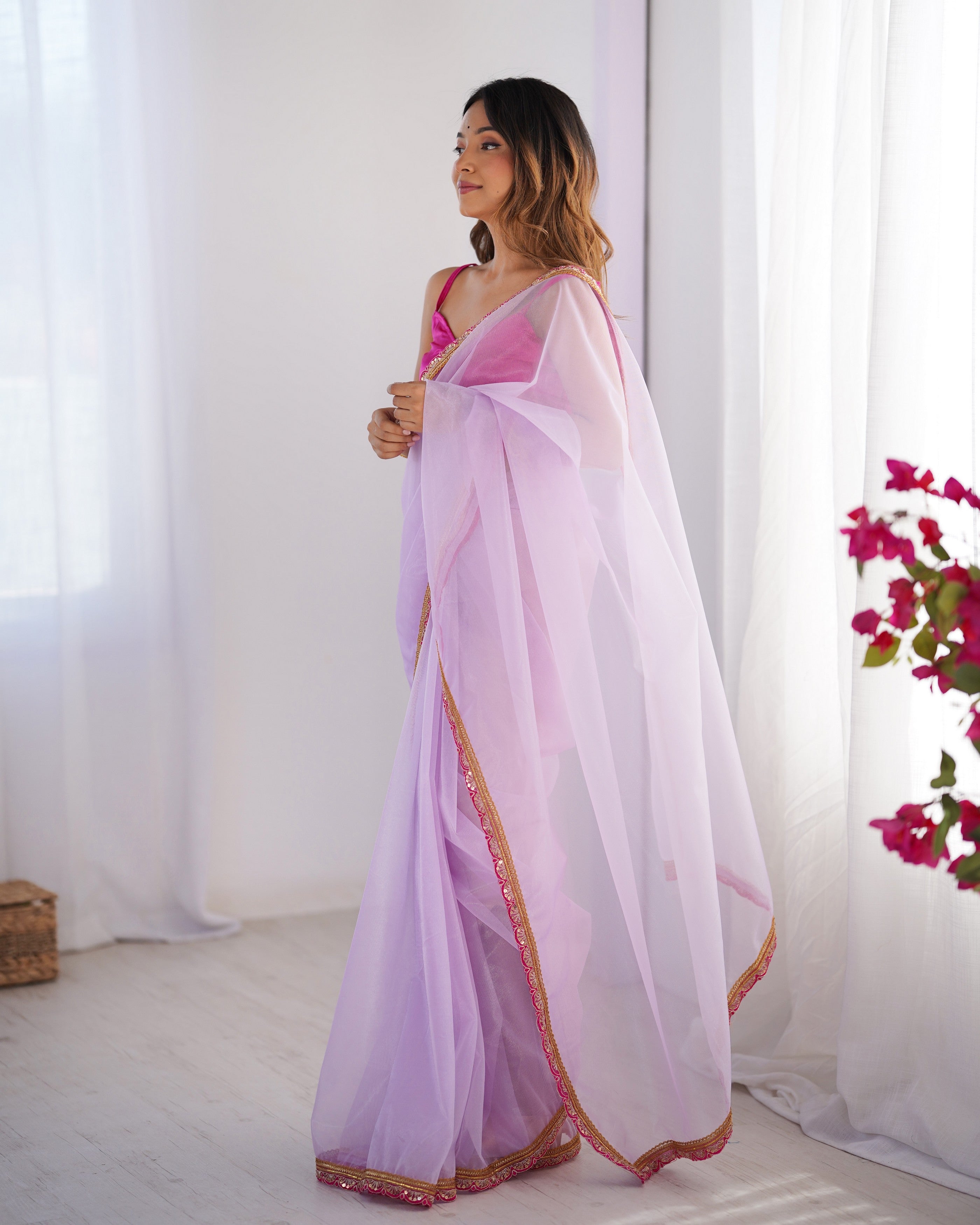 Purple Twill Net Designer Lace Work Fancy Partywear Saree