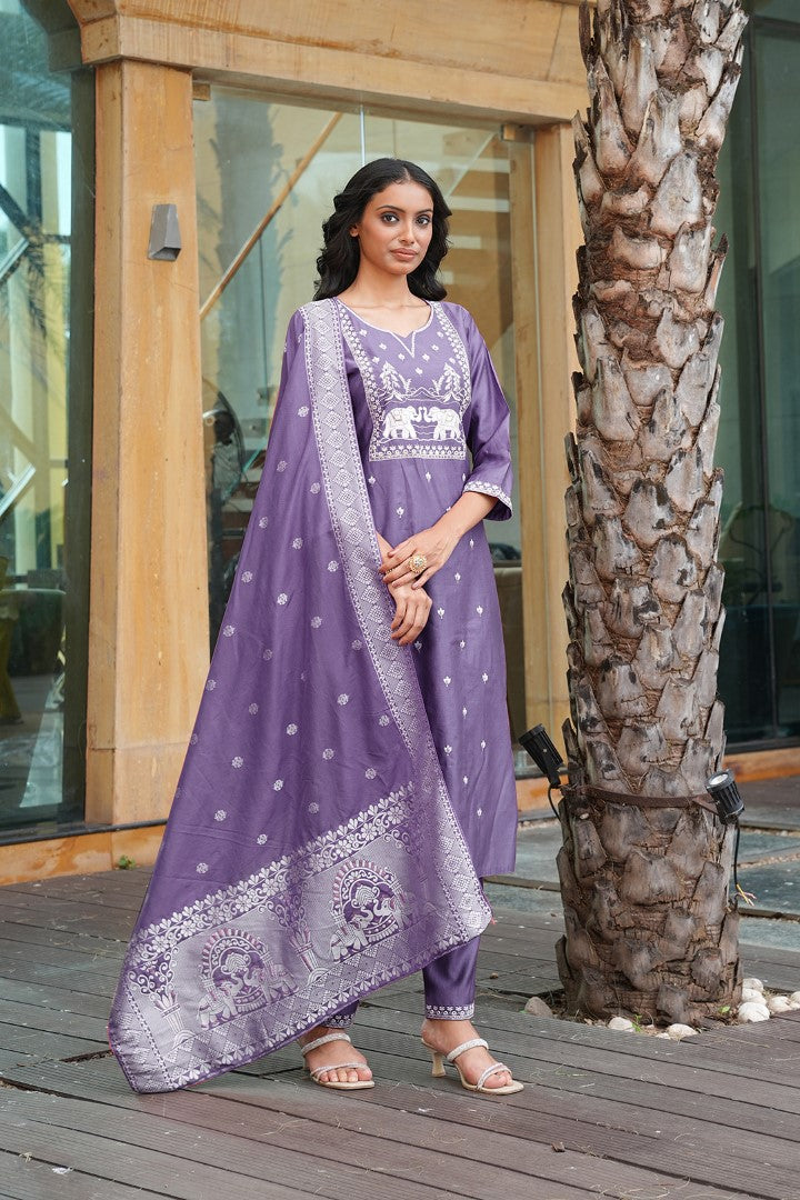 Purple Vatican Designer Suit Set With Handcrafted Embroidery
