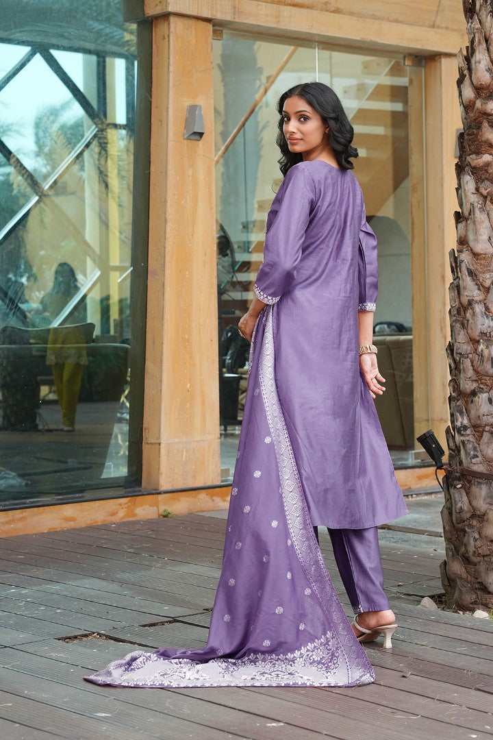 Purple Vatican Designer Suit Set With Handcrafted Embroidery