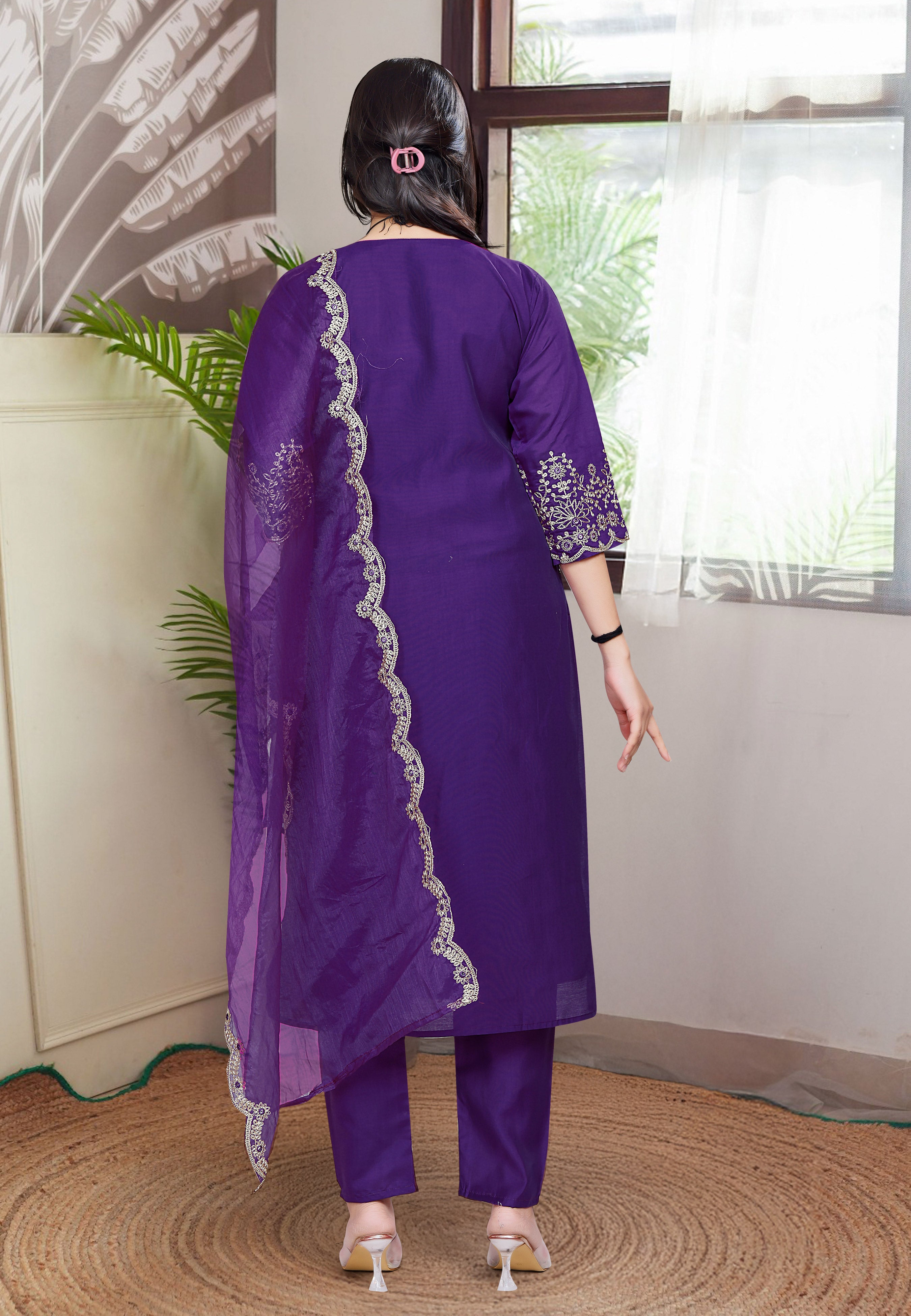 Purple Viscose Chanderi Kurta Pant Set With Embroidery Work
