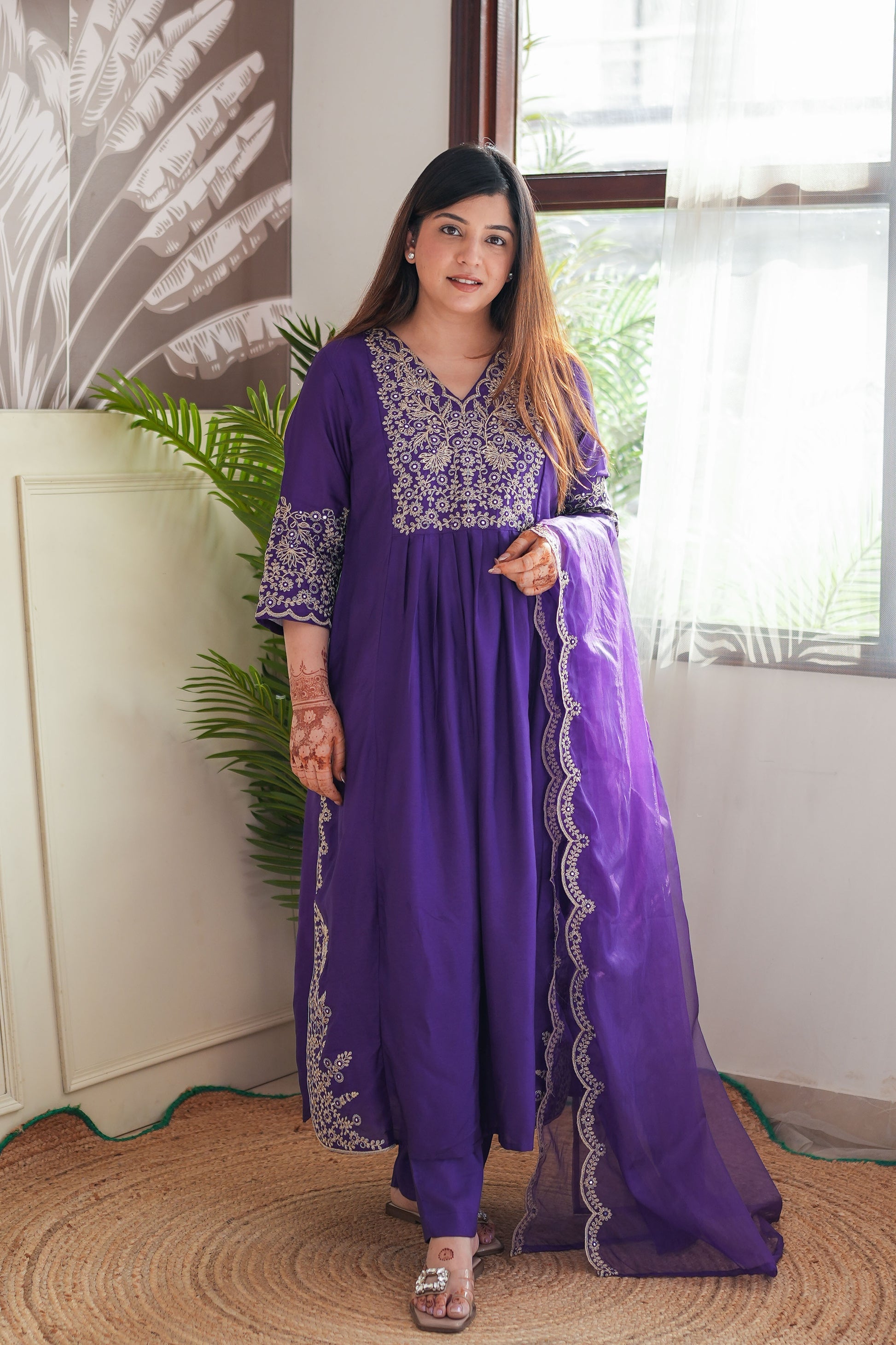 Purple Viscose Chanderi Kurta Pant Set With Embroidery Work