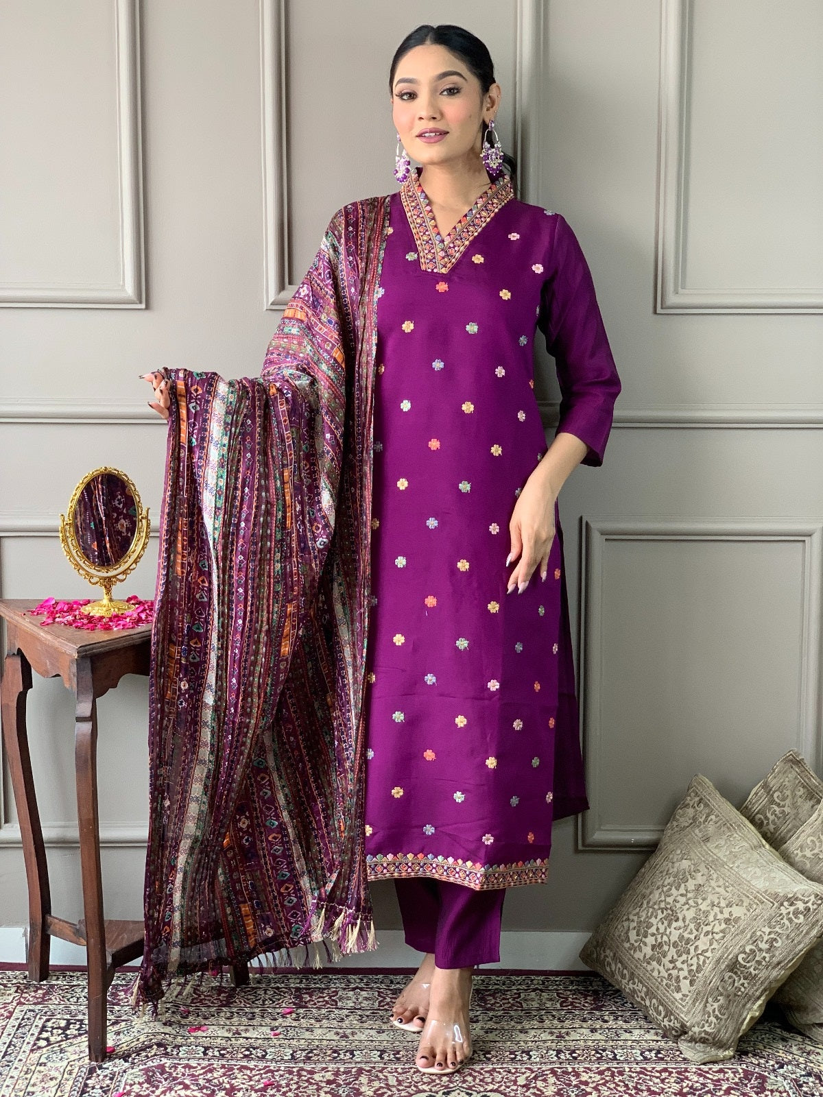 Purple Viscose Chanderi Kurta Pant Set With Heavy Thread Embroidered Work