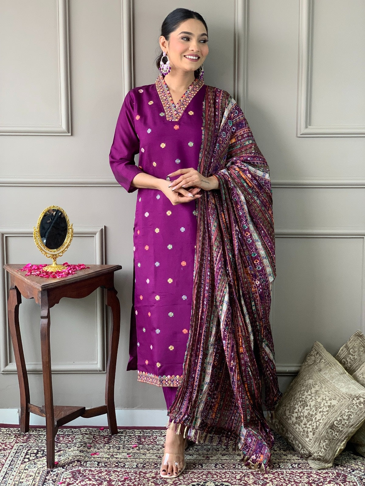 Purple Viscose Chanderi Kurta Pant Set With Heavy Thread Embroidered Work