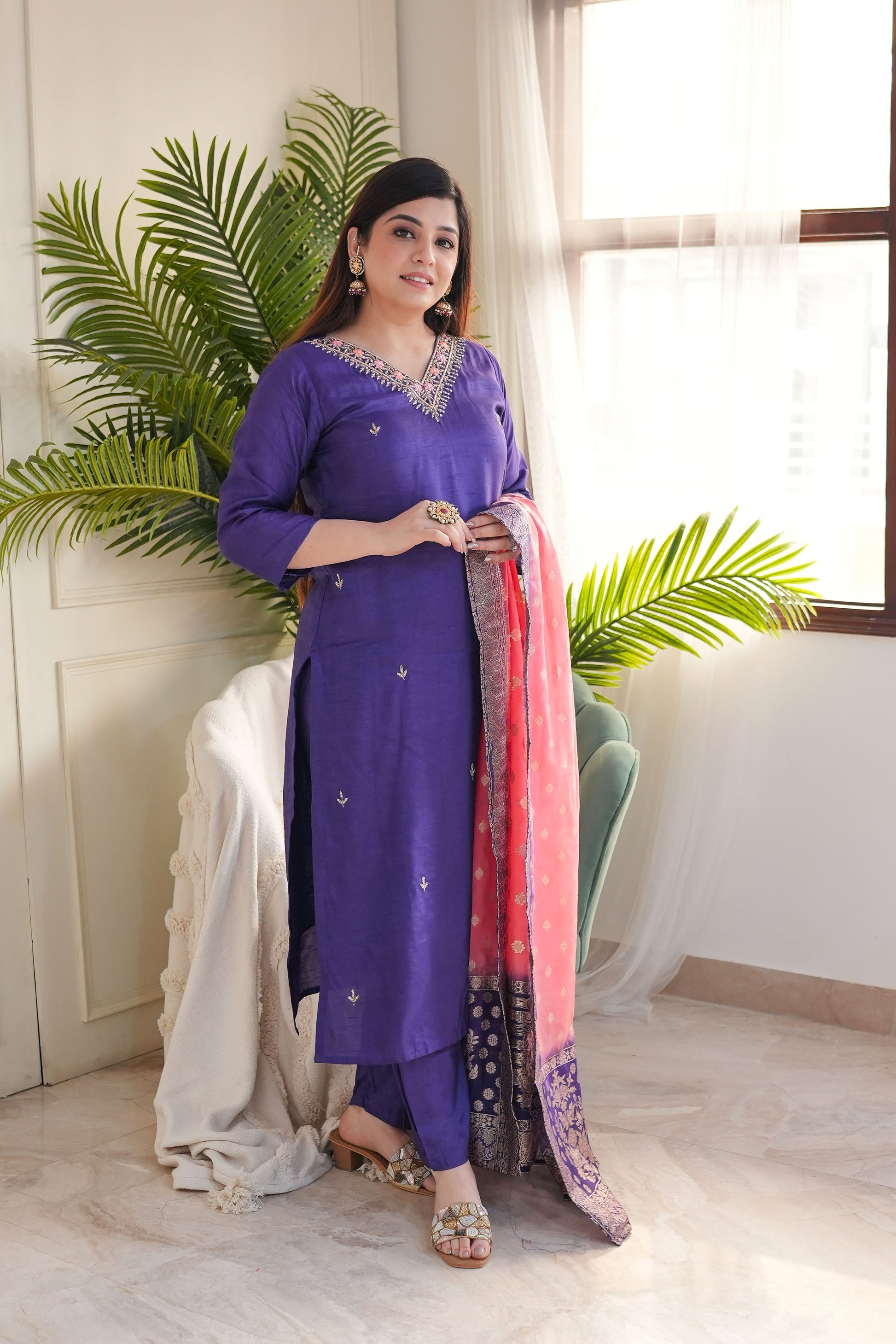 Purple Viscose Chanderi Kurta Pant Set With Heavy Thread Embroidery Work With Jacquard Dupatta