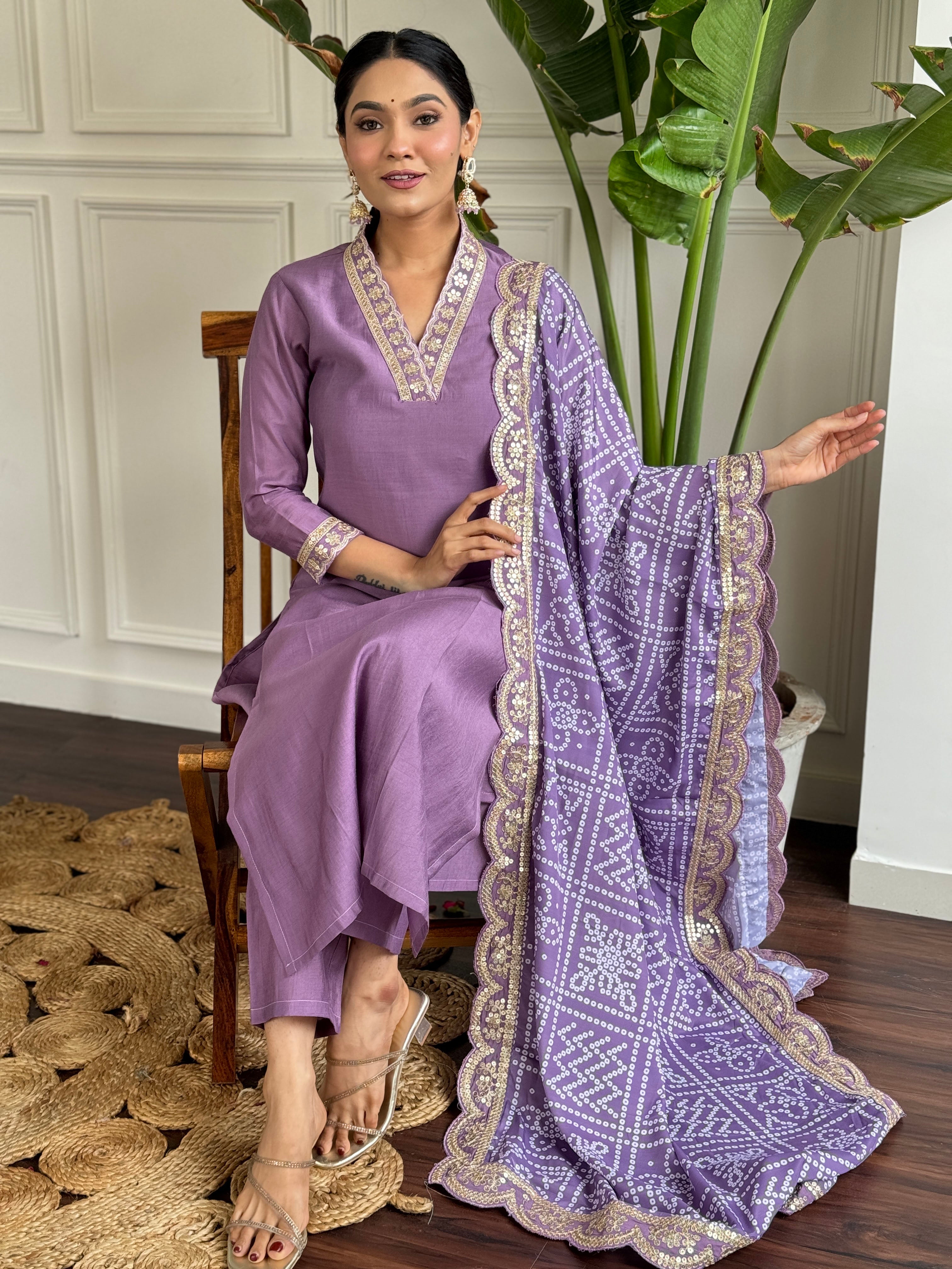 Purple Viscose Silk Elegant Kurta Pant Set With Embroidery Work