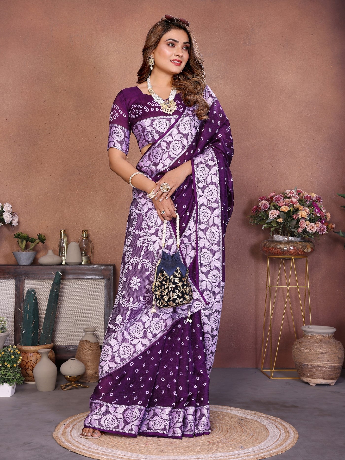 Purple Viscose Silk Saree With Handmade Original Bandhej