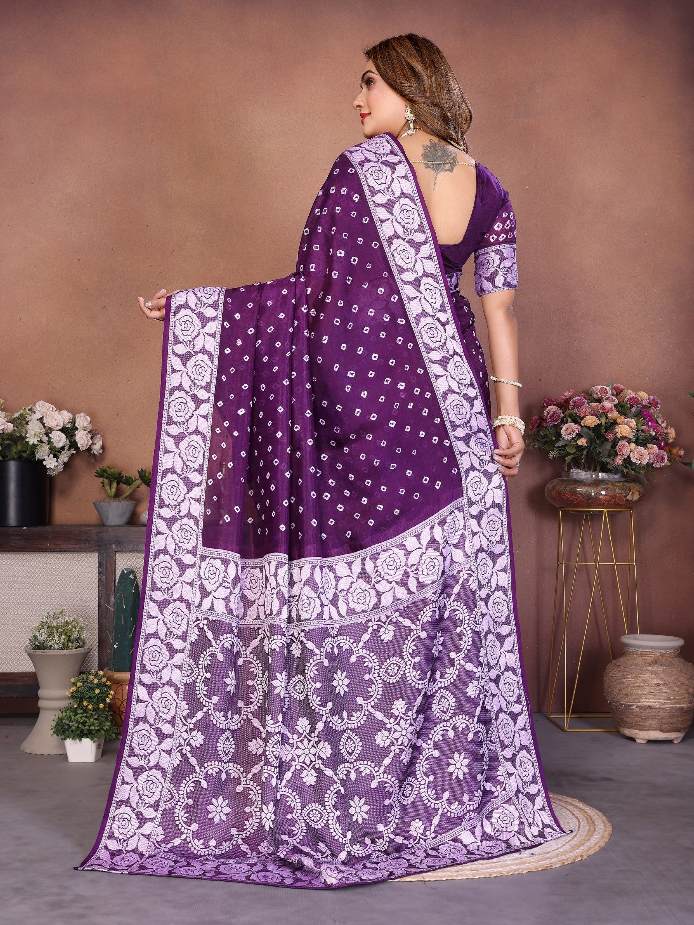 Purple Viscose Silk Saree With Handmade Original Bandhej