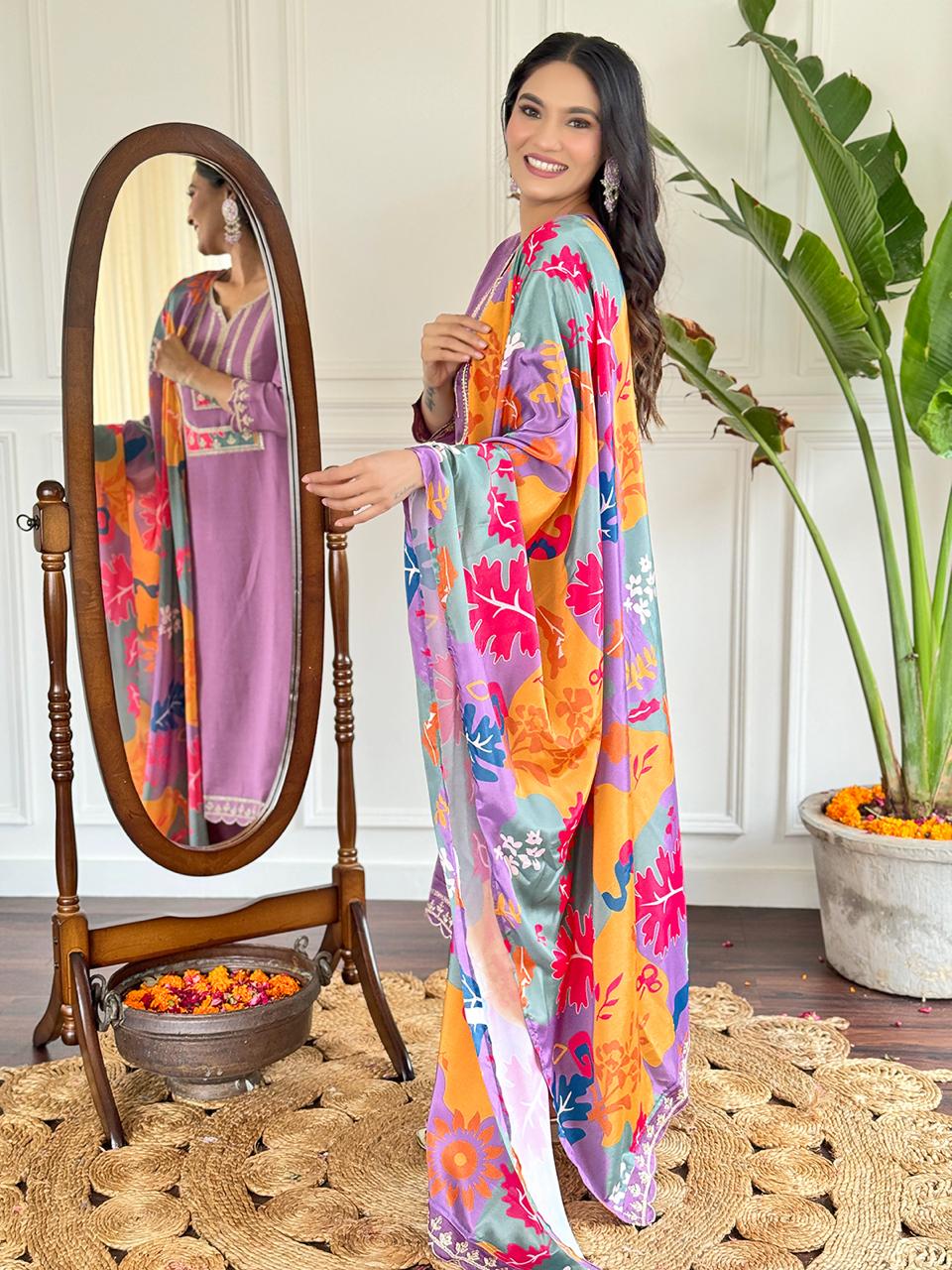 Purple Viscose Slub Kurta Pant With Embroidery Work And Printed Dupatta