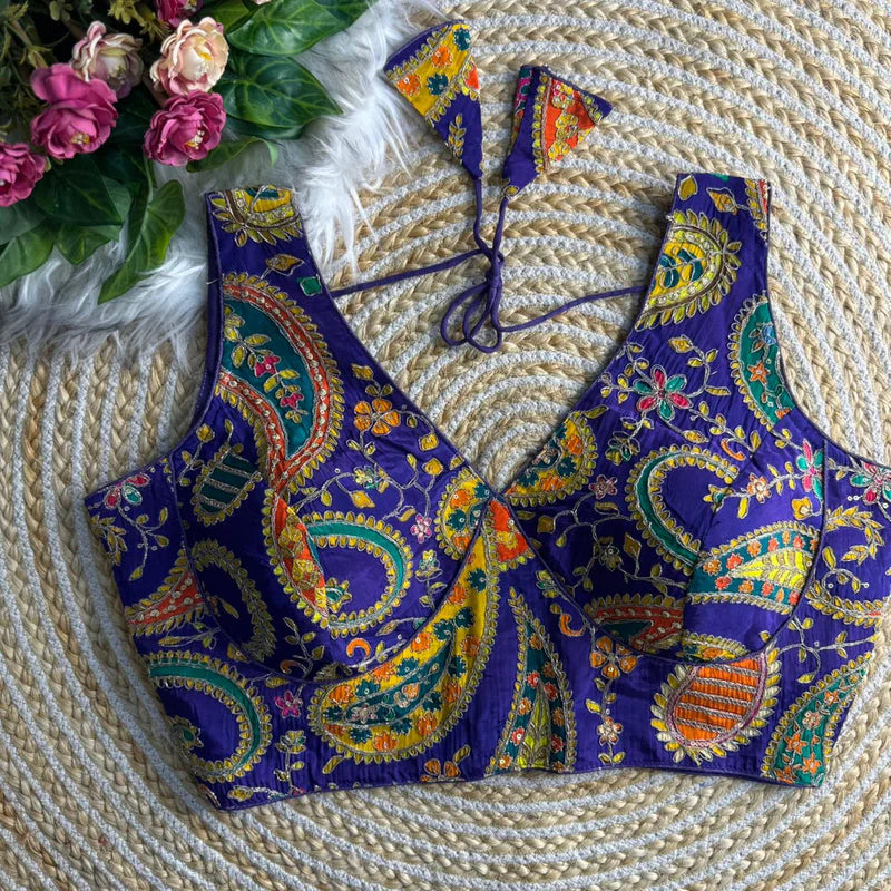 Purple Womens Designer Heavy Work Saree Blouse  Pure Crepe Partywear Readymade Blouse