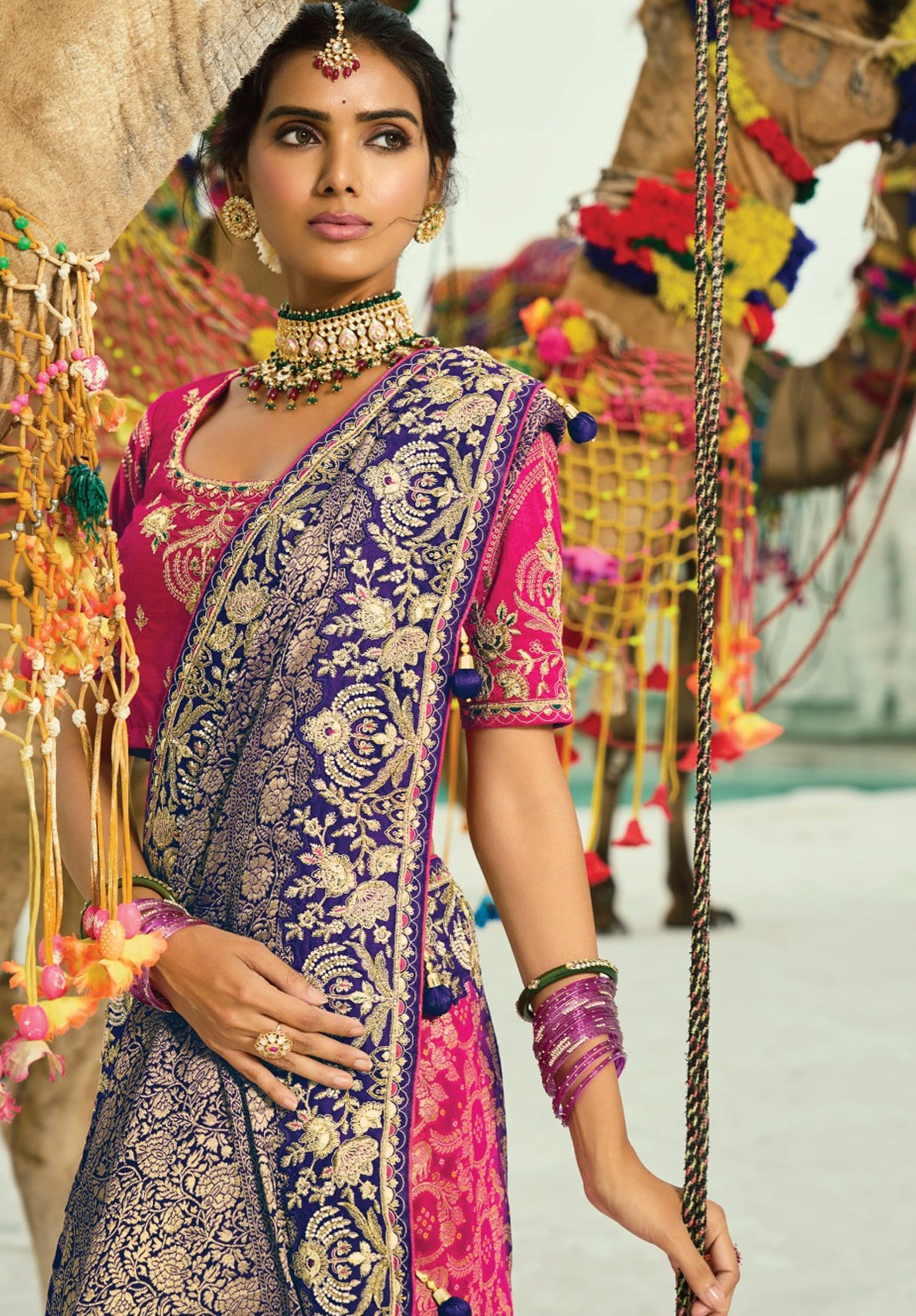Purple, Rani & Orange  Bandhej Saree with Heavy Hand Work Border With Embroidery Blouse