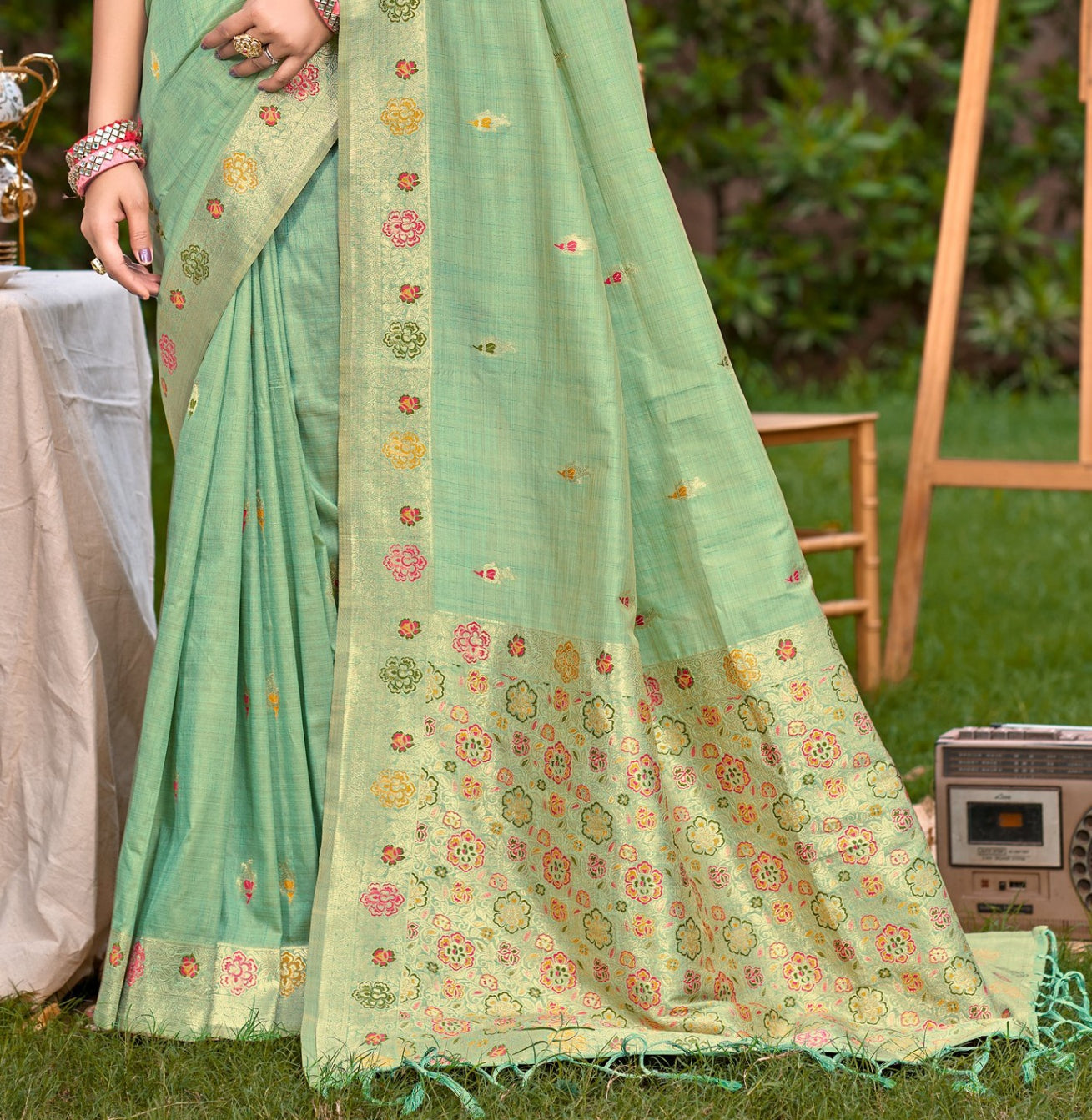 Radiance Sea Green Assam Silk Meenakari Festival Saree