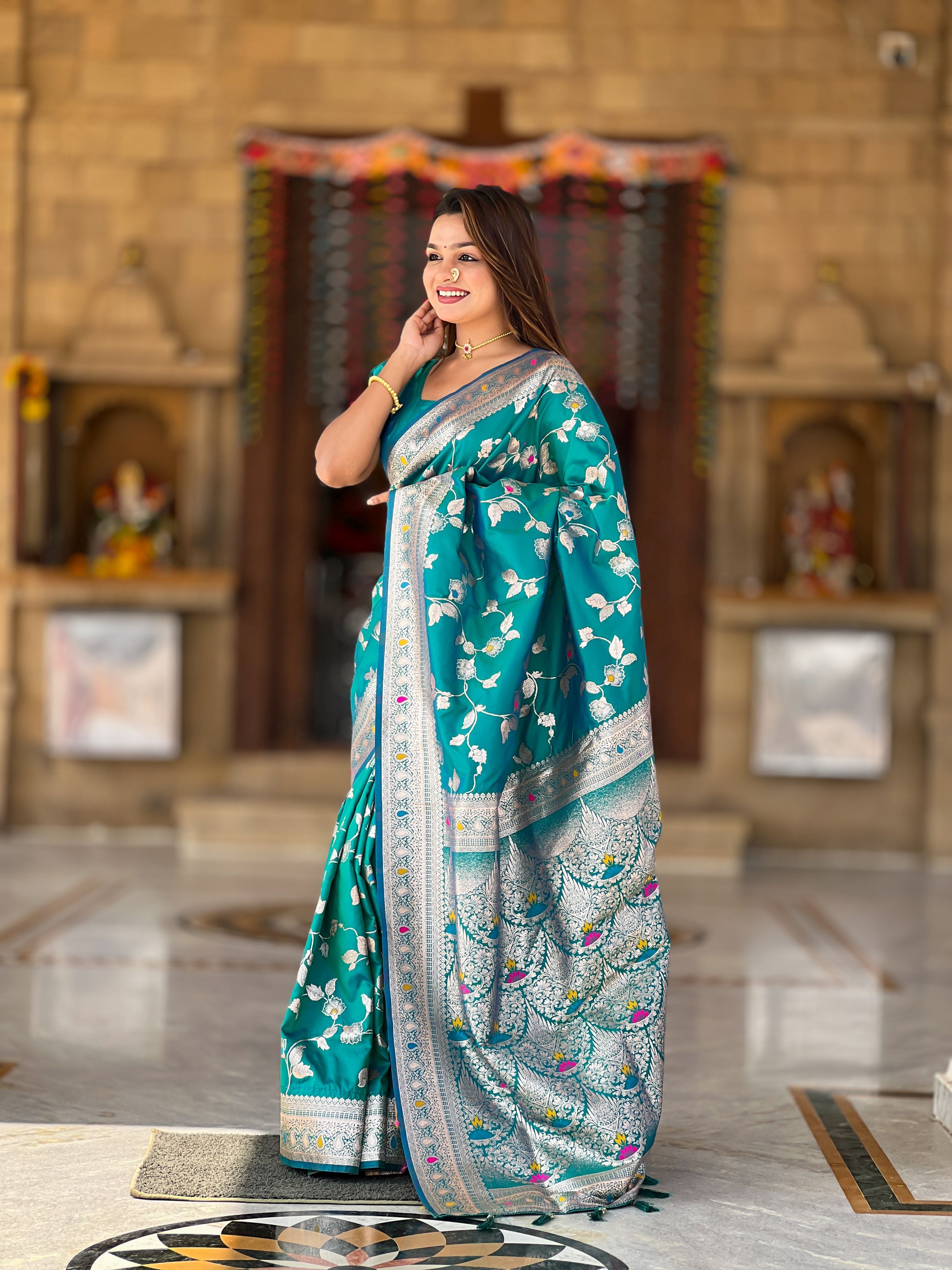 Rama Banarasi Silk Woven Jacquard Designer Ceremonial Partywear Saree