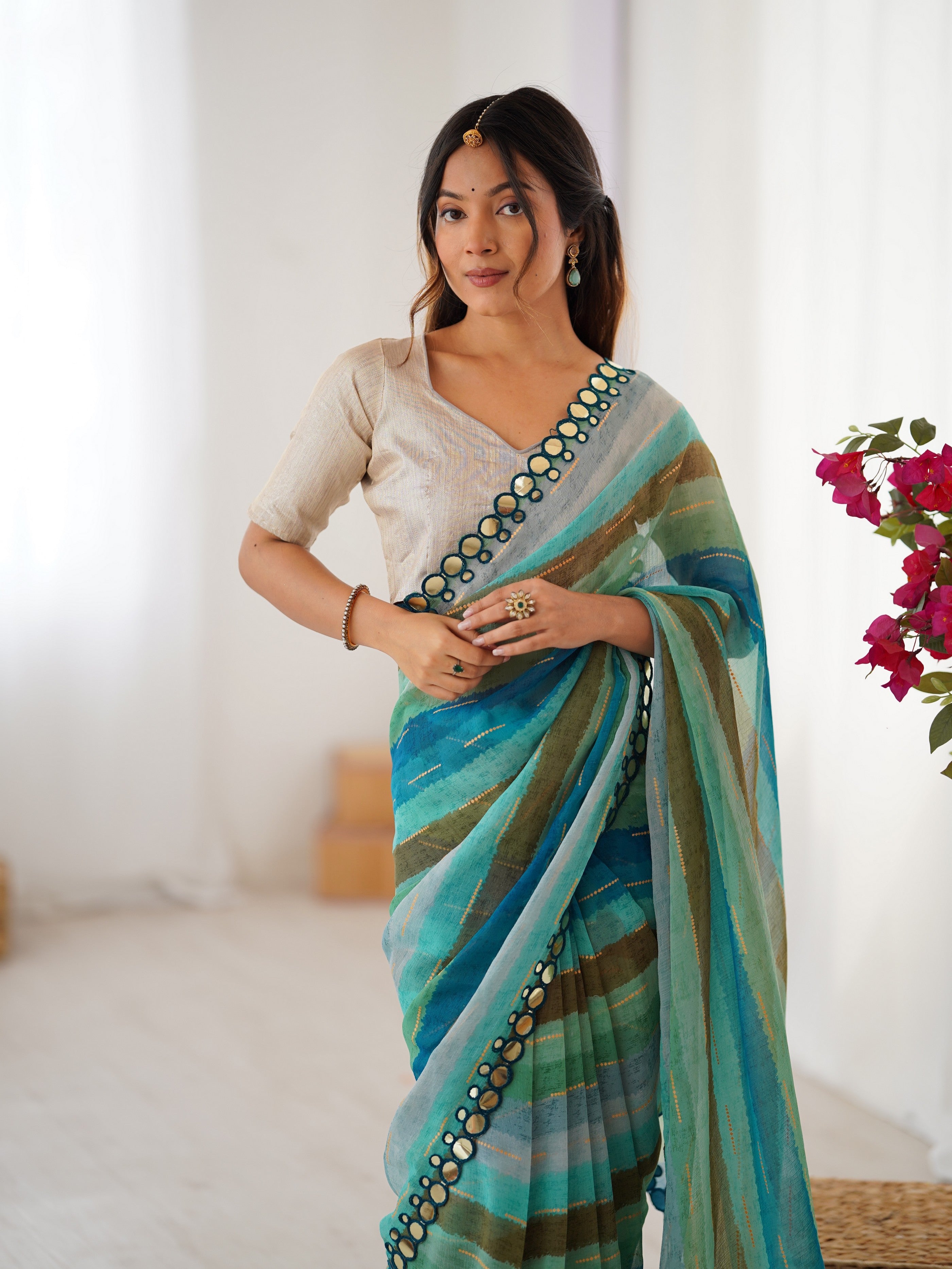 Rama Chiffon Designer Laheriya Printed Saree With Mirror Cut Work