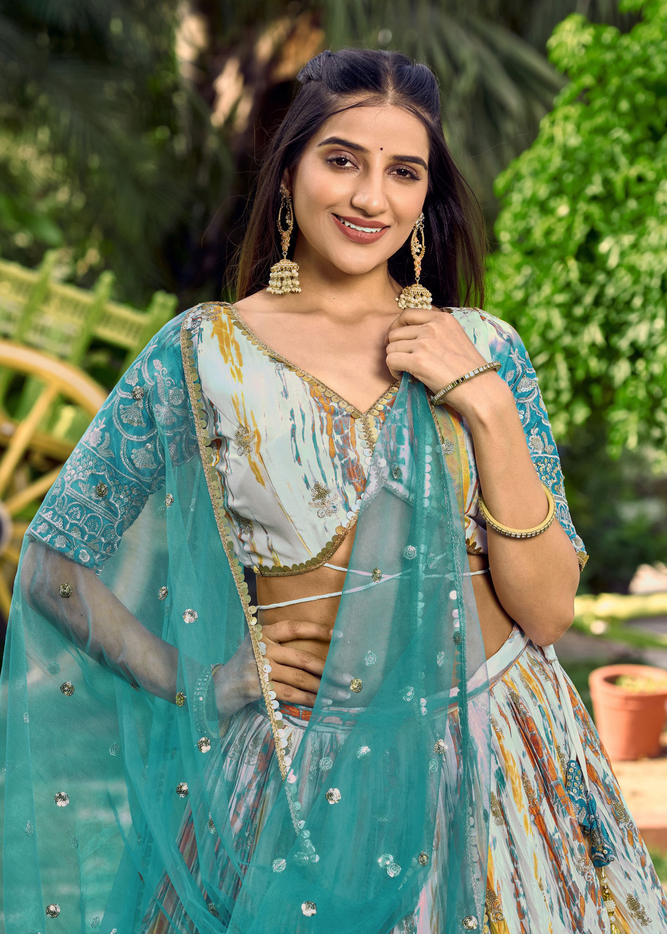 Rama Chinon Lehenga Choli With Sequins, Zari Embroidery Work with Digital Print