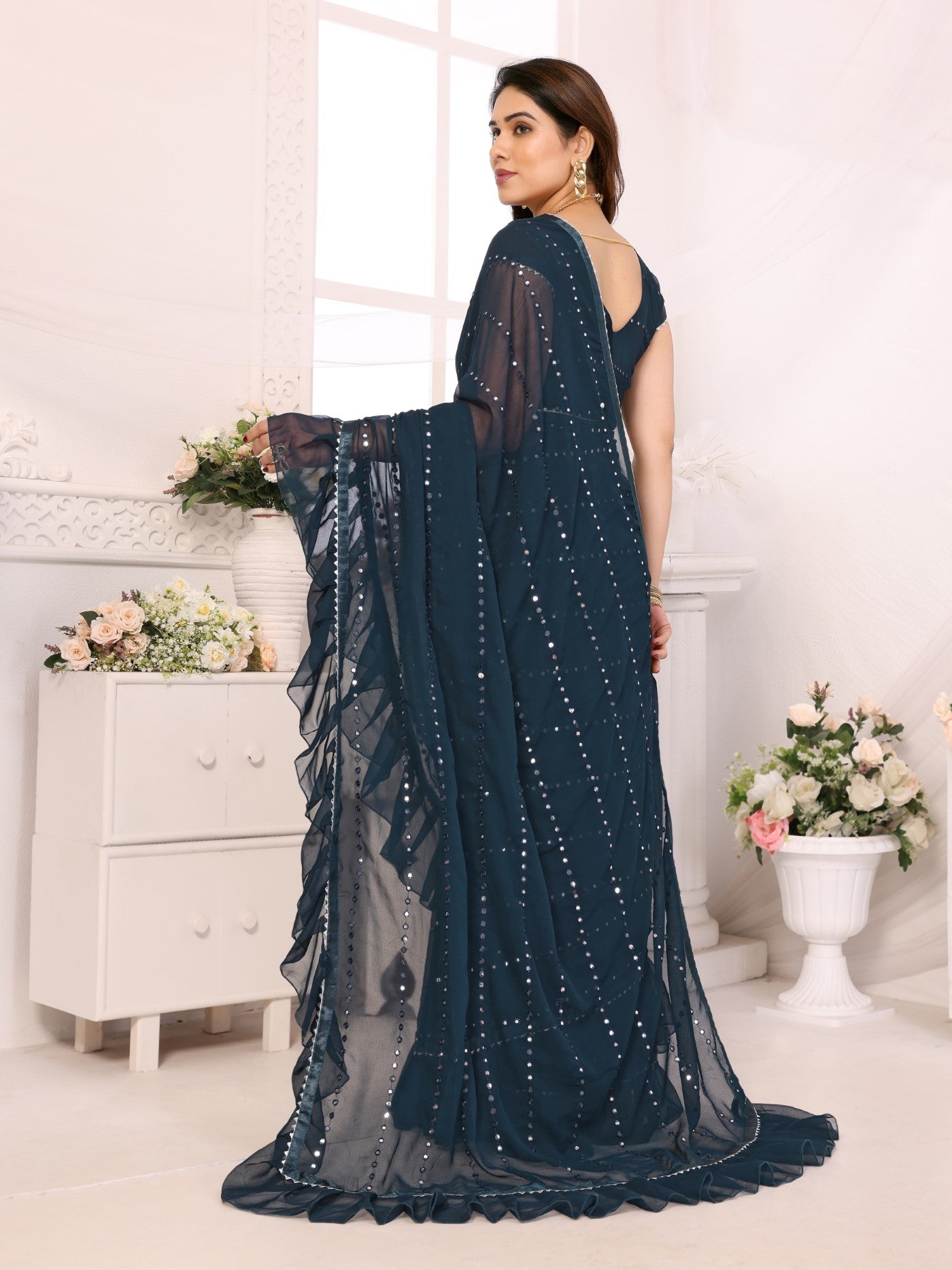Rama Georgette Saree With Ruffle Saree With Mirror Work With Mirror Work Blouse