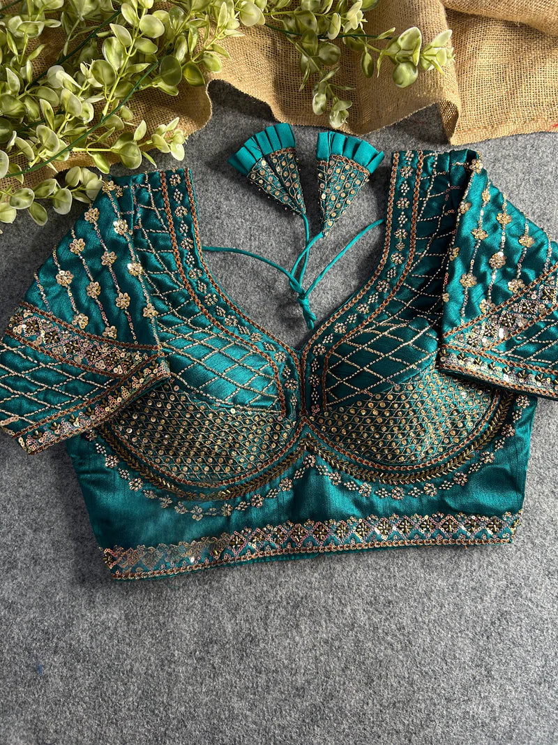 Rama Green Designer Bridal Blouse with Heavy Stars, Beads & Sequins Work  Italian Silk