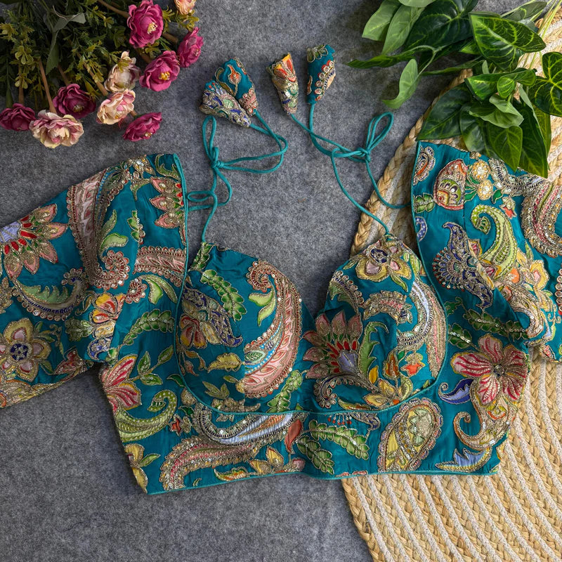 Rama Green Luxe Masaba-Inspired Silk Blouse with Embroidery & Sequins