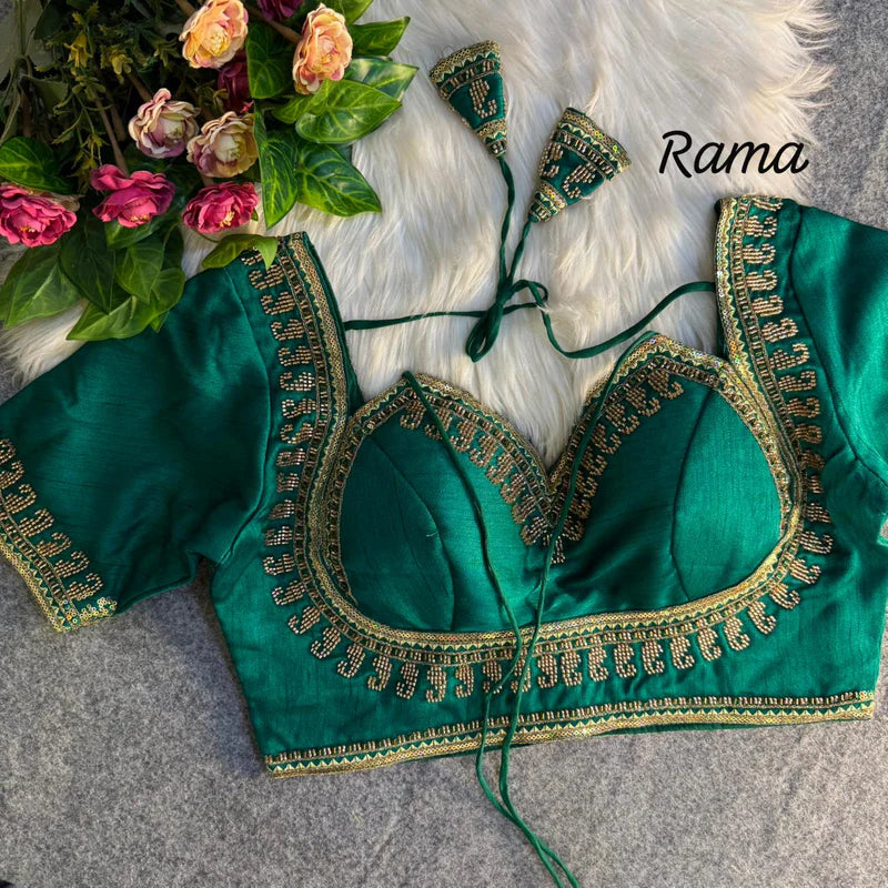 Rama Green Royal Beads Work Bridal Blouse  Italian Silk Designer Couture Wear