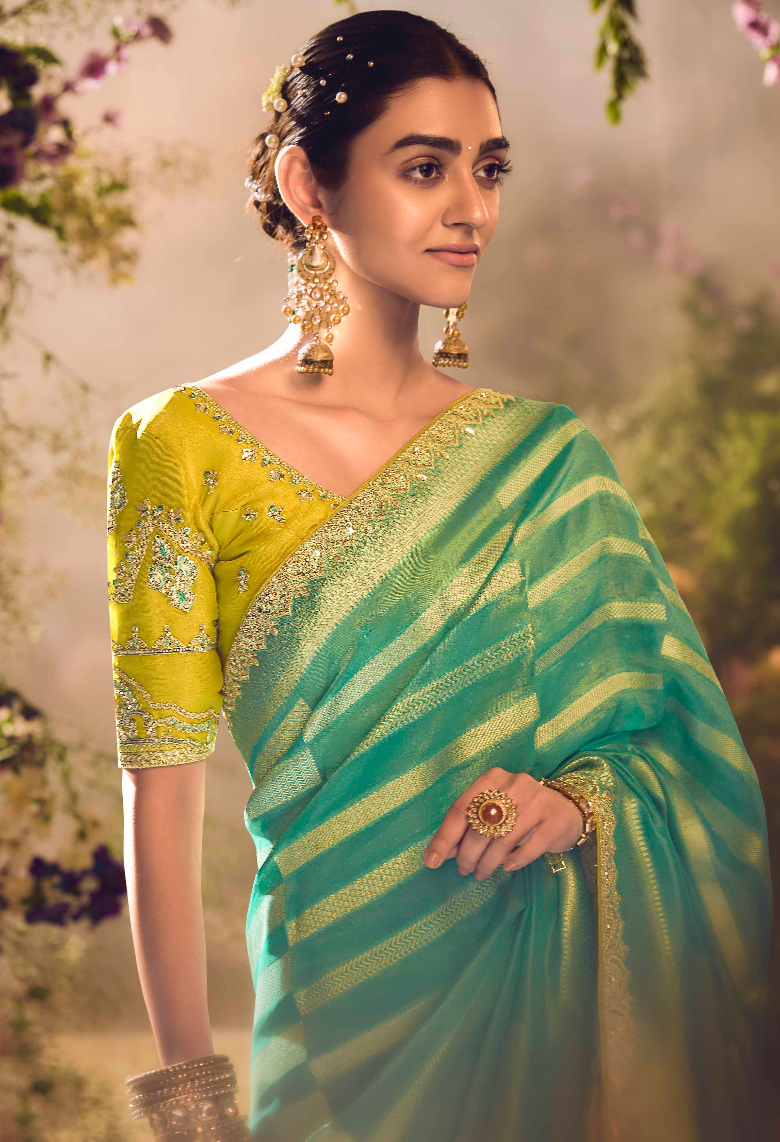 Rama Green Saree With  Jacquard Woven Work with Embroidered Lace Border