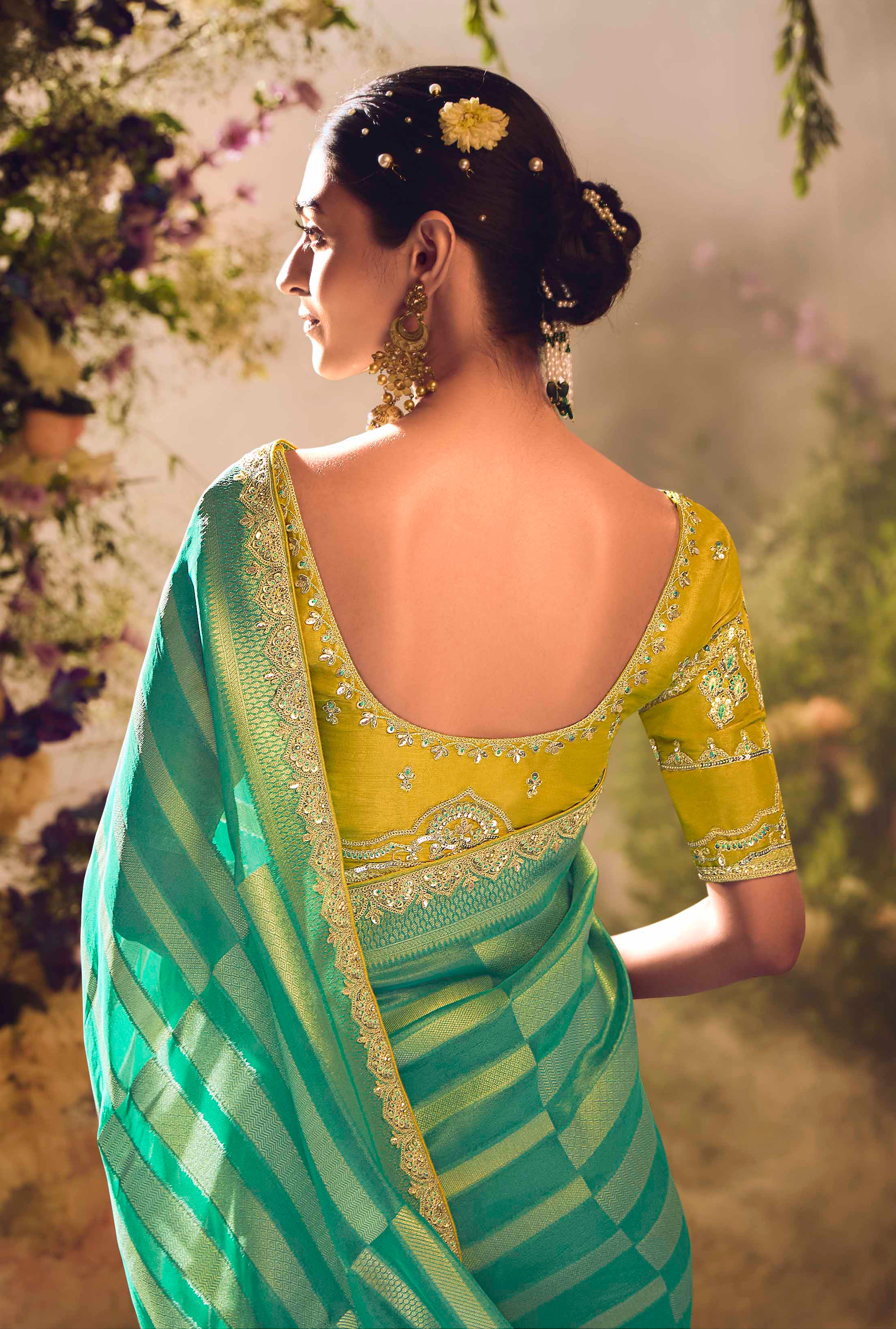Rama Green Saree With  Jacquard Woven Work with Embroidered Lace Border