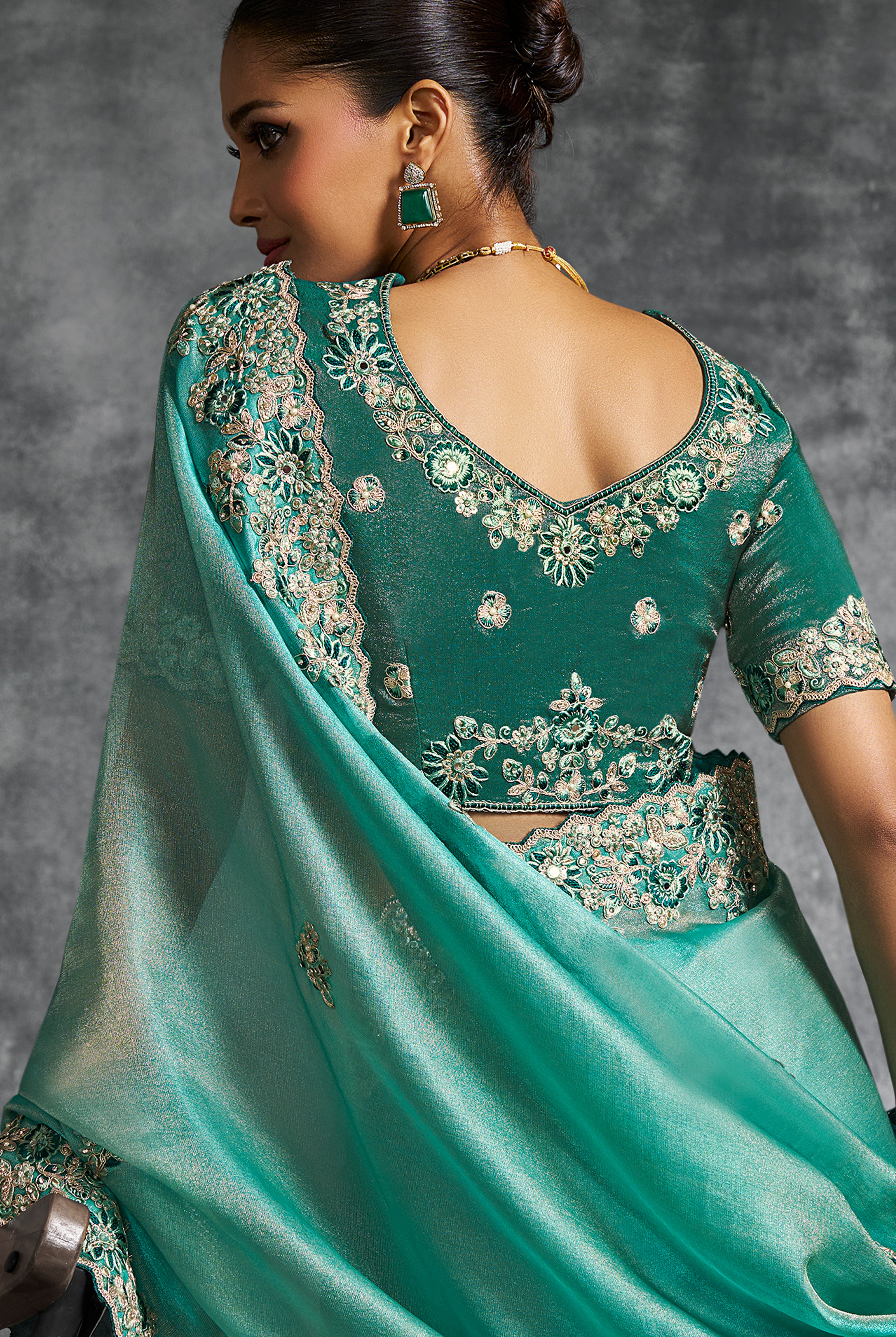 Rama Green Saree With  Thread Embroidery Work ,Hand-Finished Stone & Mirror work With Embroidery Blouse