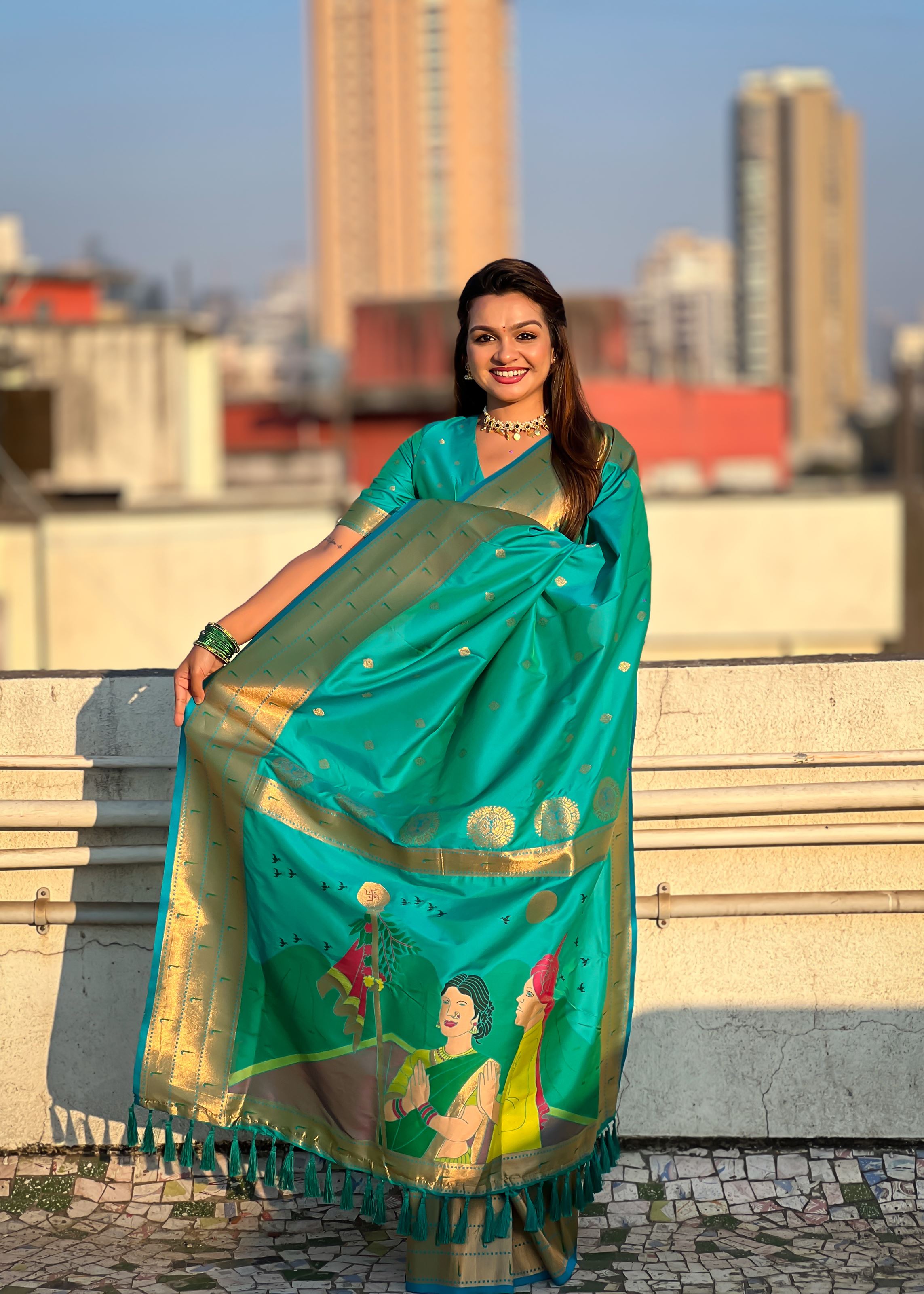 Rama Green Silk Blend Paithani Saree With Gudi Padwa Print