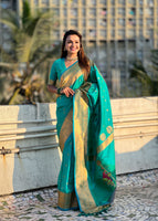 Rama Green Silk Blend Paithani Saree With Gudi Padwa Print