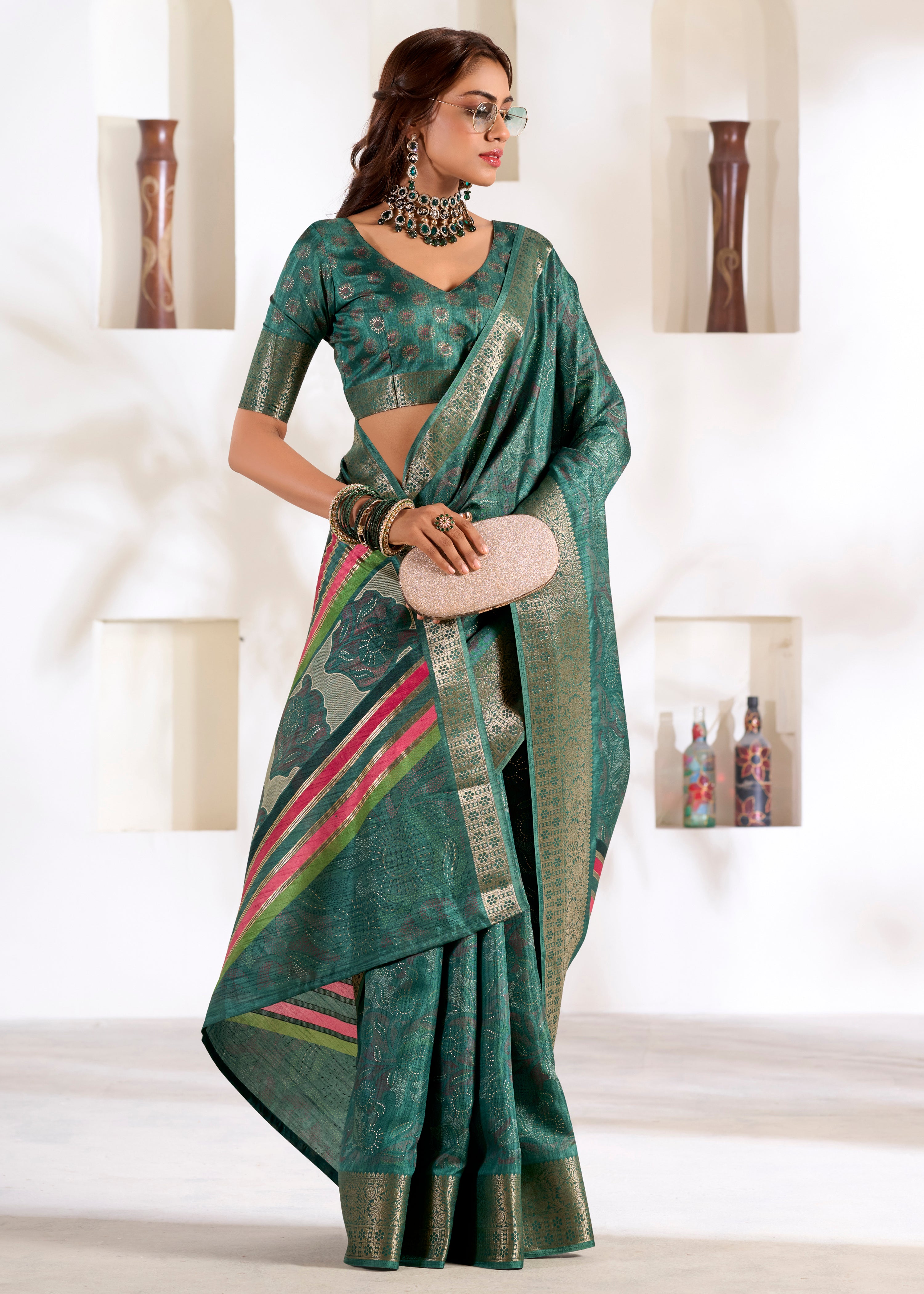 Rama Green Soft Dola Silk Saree With  Foil Print With Jacquard Woven Work