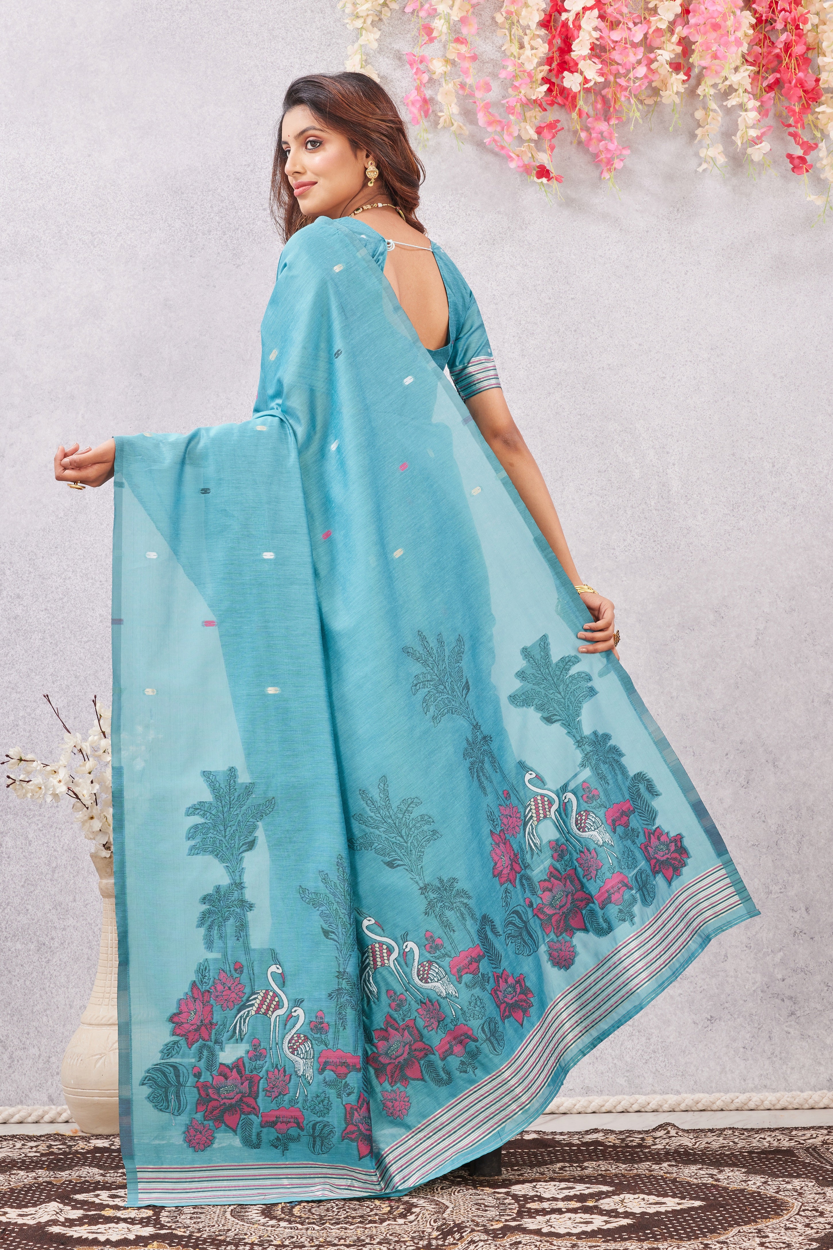 Rama Linen Cotton Saree with Ethnic Motif Design & Rich Jacquard Pallu
