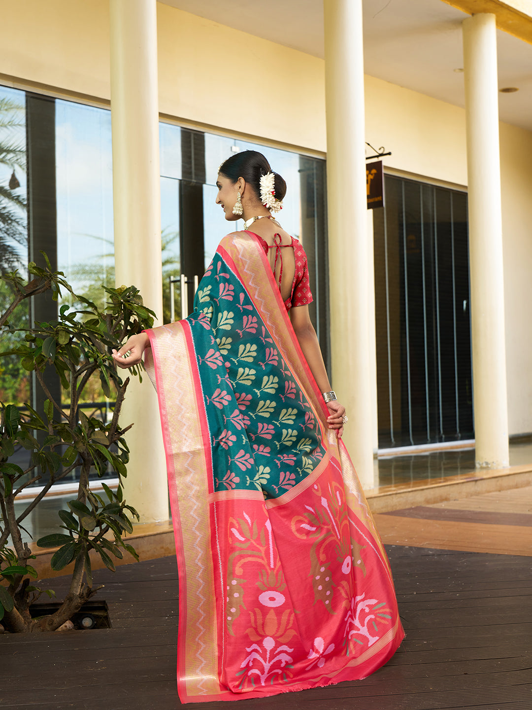 Rama Trendy Crepe Saree With Woven Zari Patta And Designer Print Work