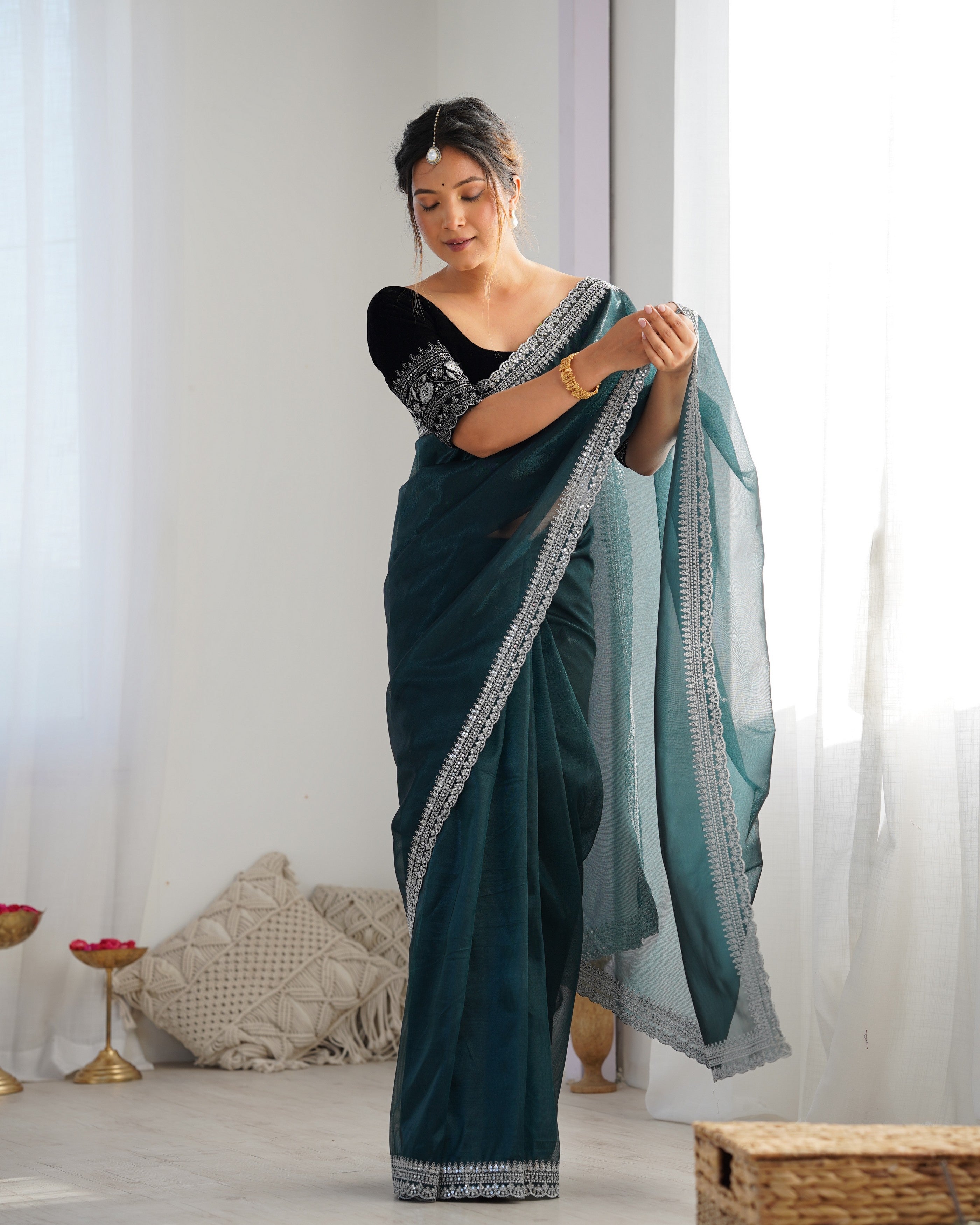Rama Twill Net Glamorous Bollywood Style Sequins Work Saree