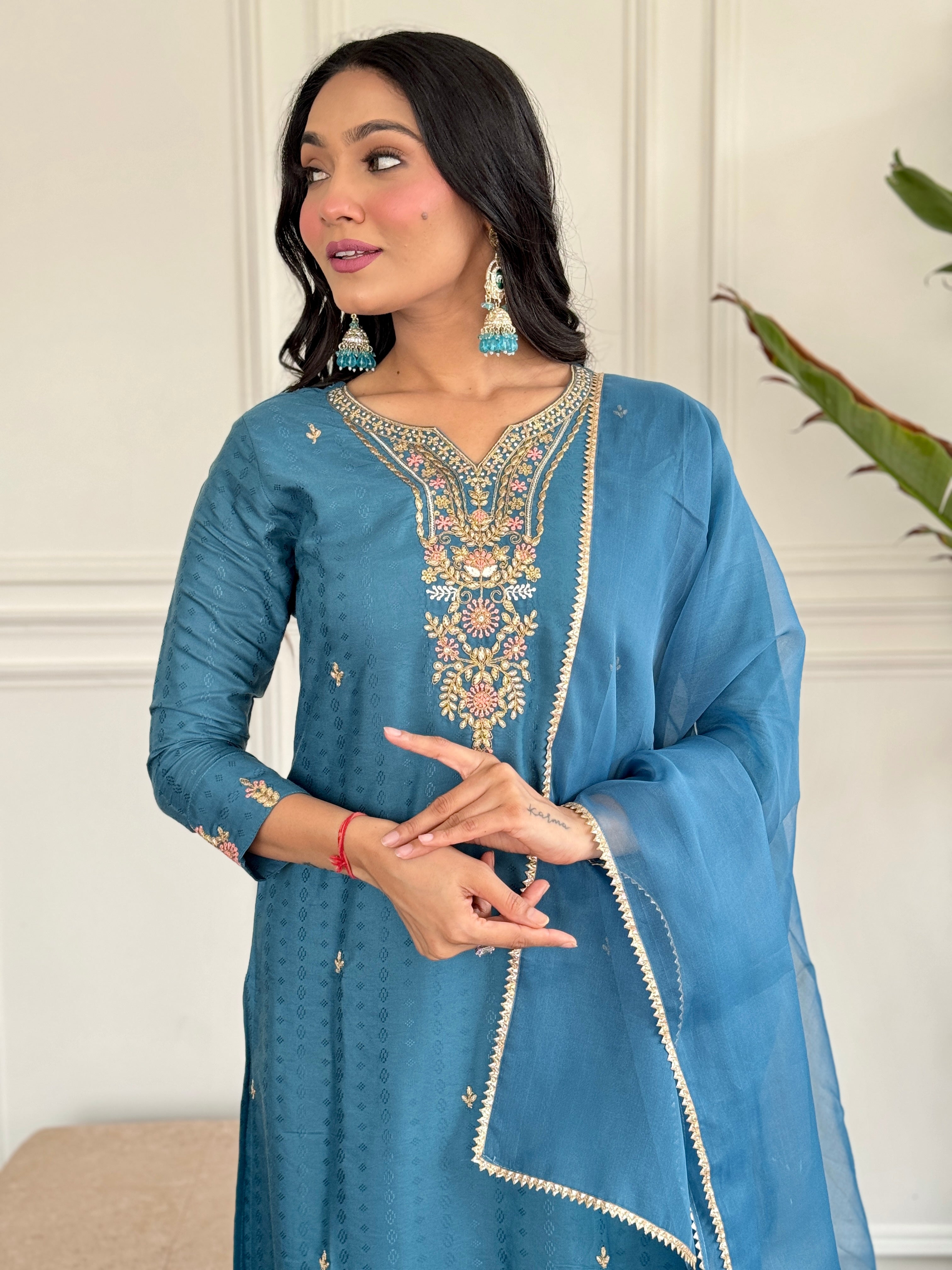Rama Viscose Blend Elegant Kurta Pant Set With Embroidery Work