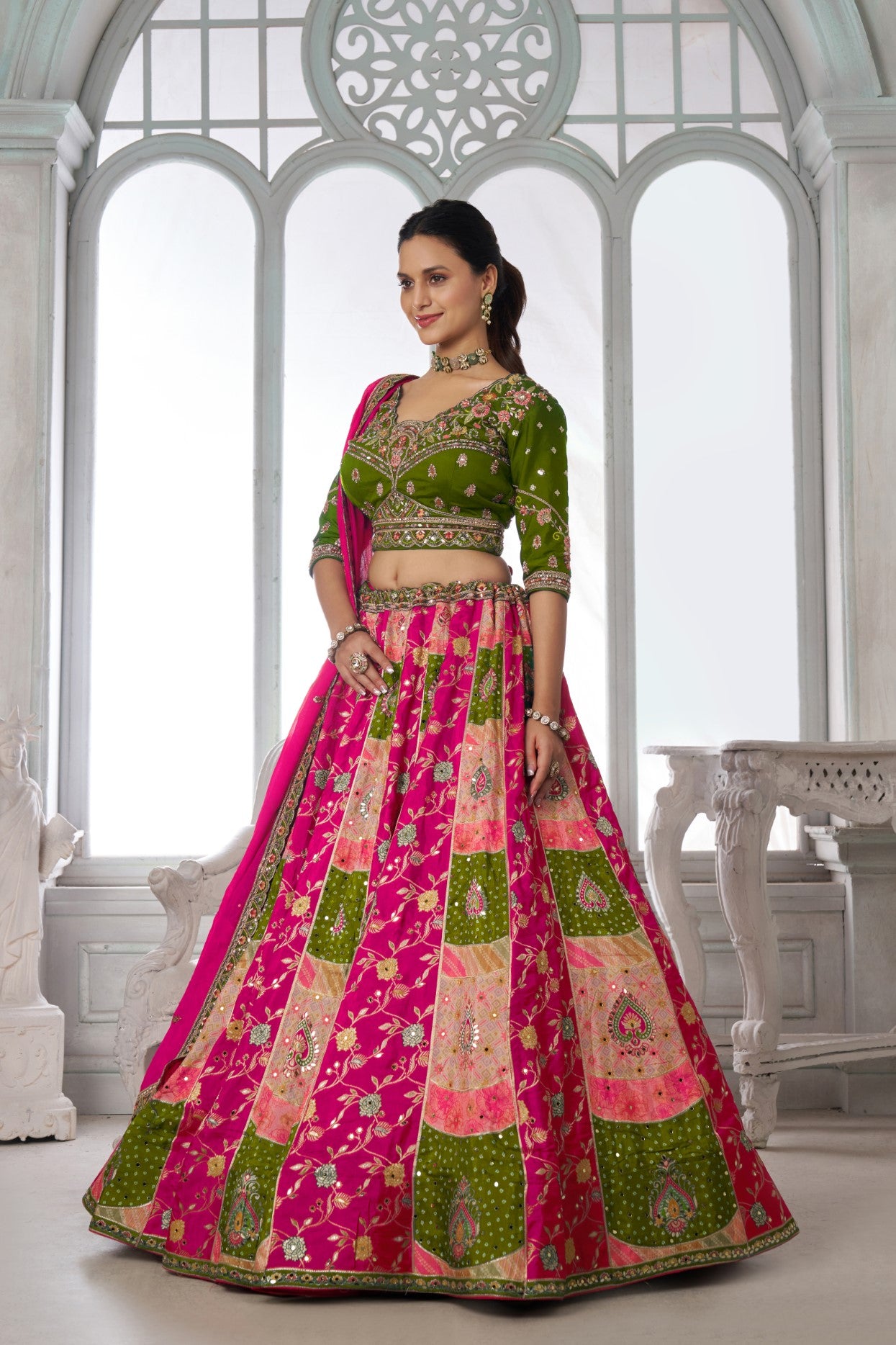 Rani Chinon Silk Mehendi Wear Designer Lehenga Choli Set