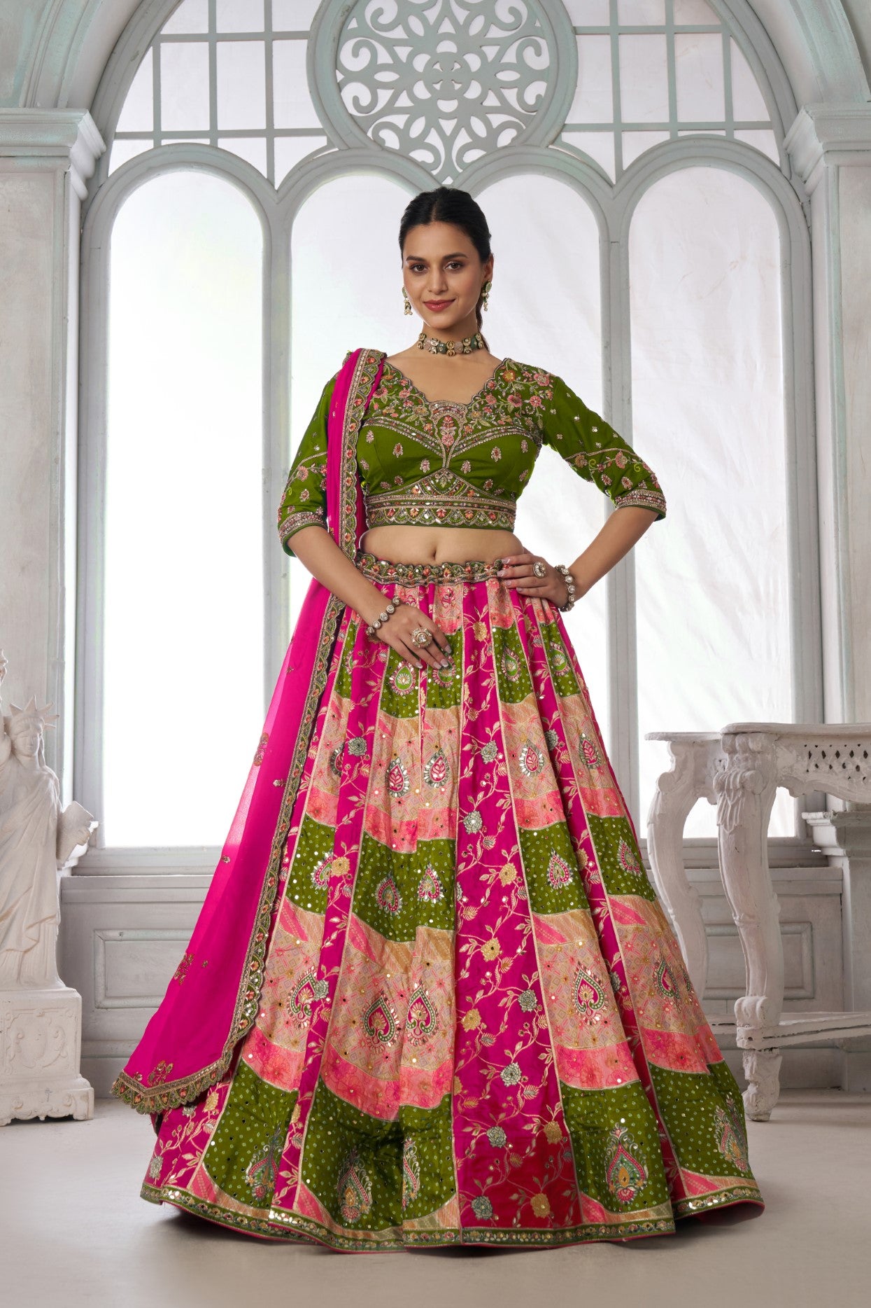 Rani Chinon Silk Mehendi Wear Designer Lehenga Choli Set