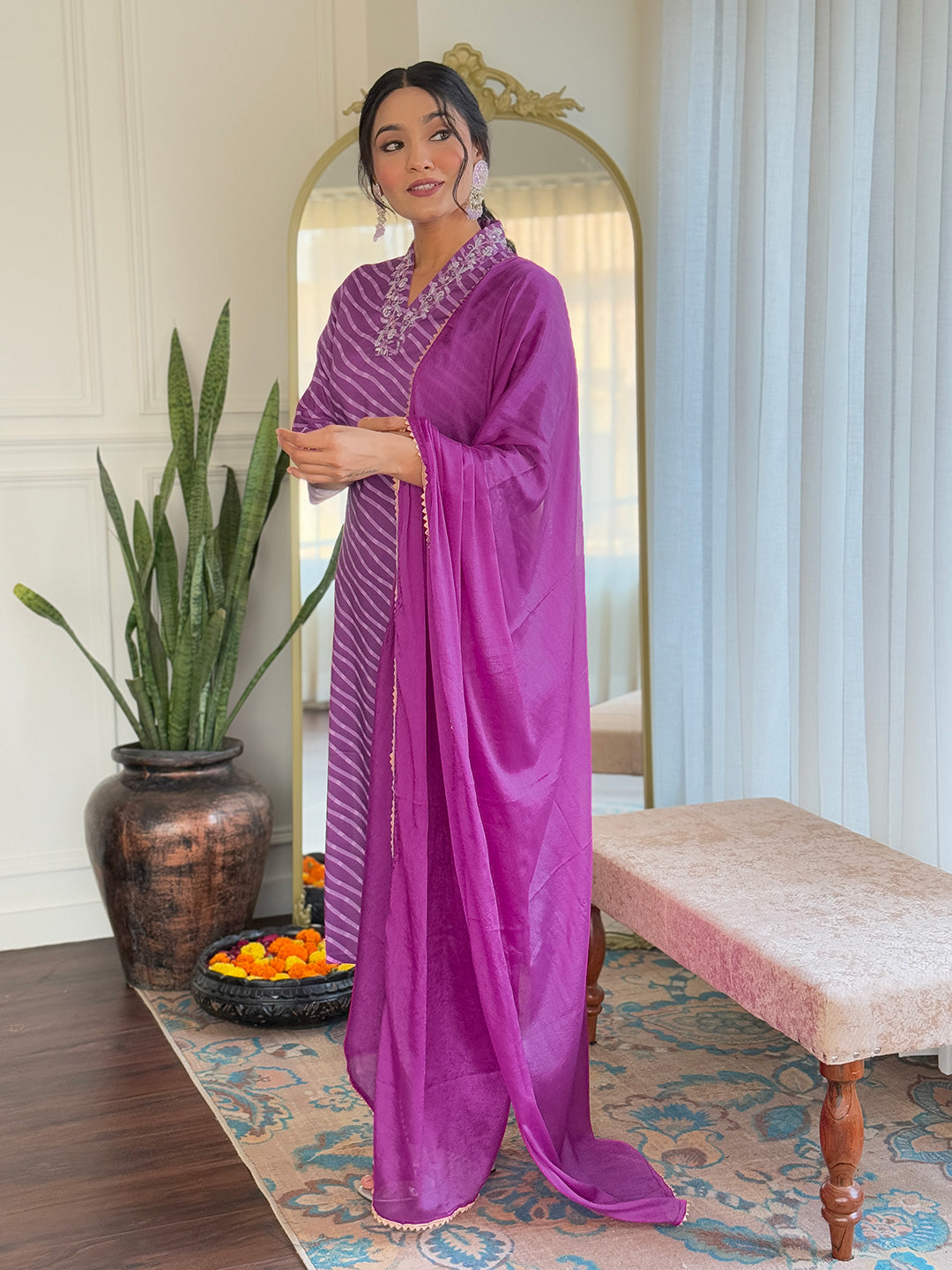 Rani Muslin Elegant Kurta Pant Set With Embroidery Work