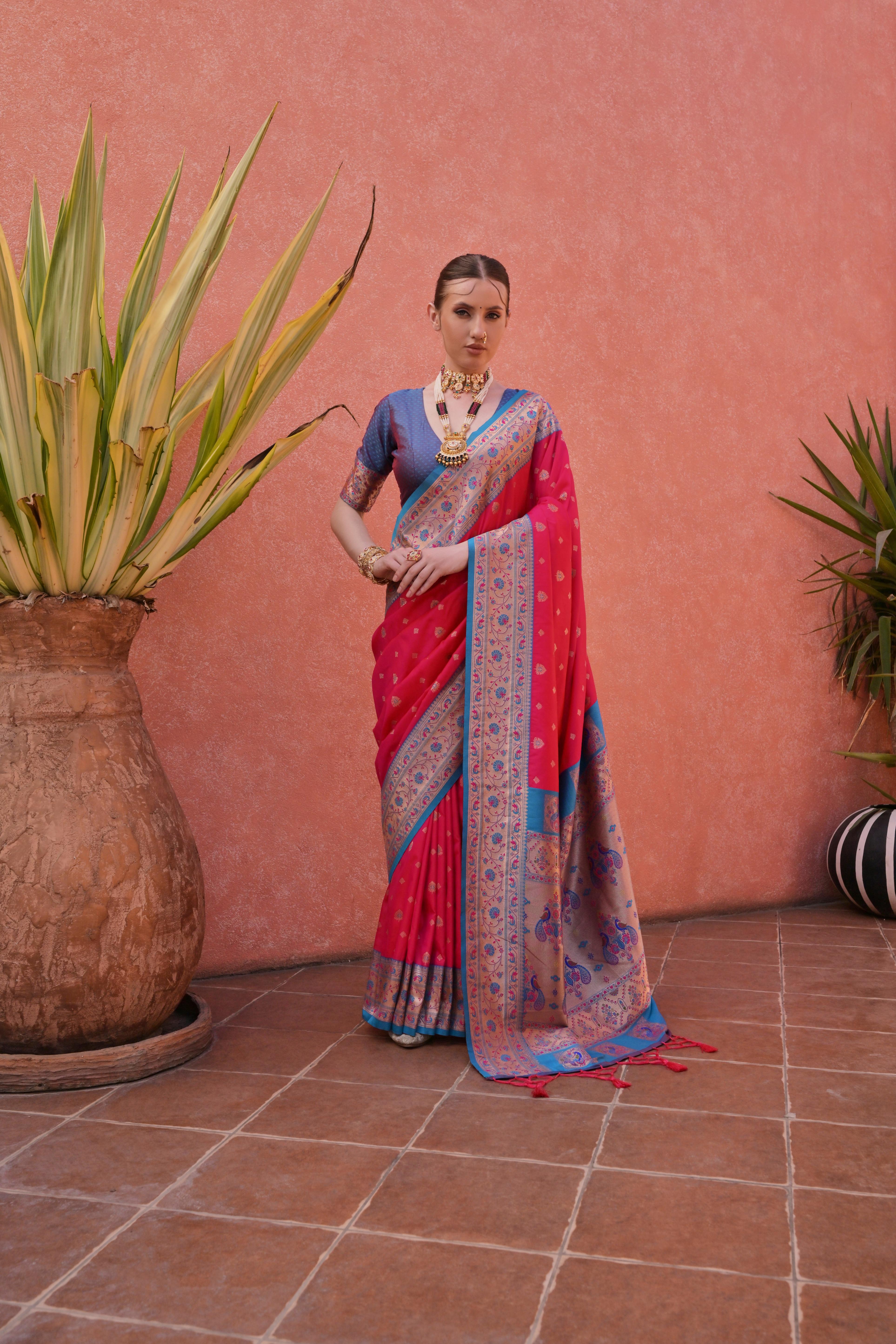 Rani Paithani Silk Saree with Paithani Pallu and Zari Butti