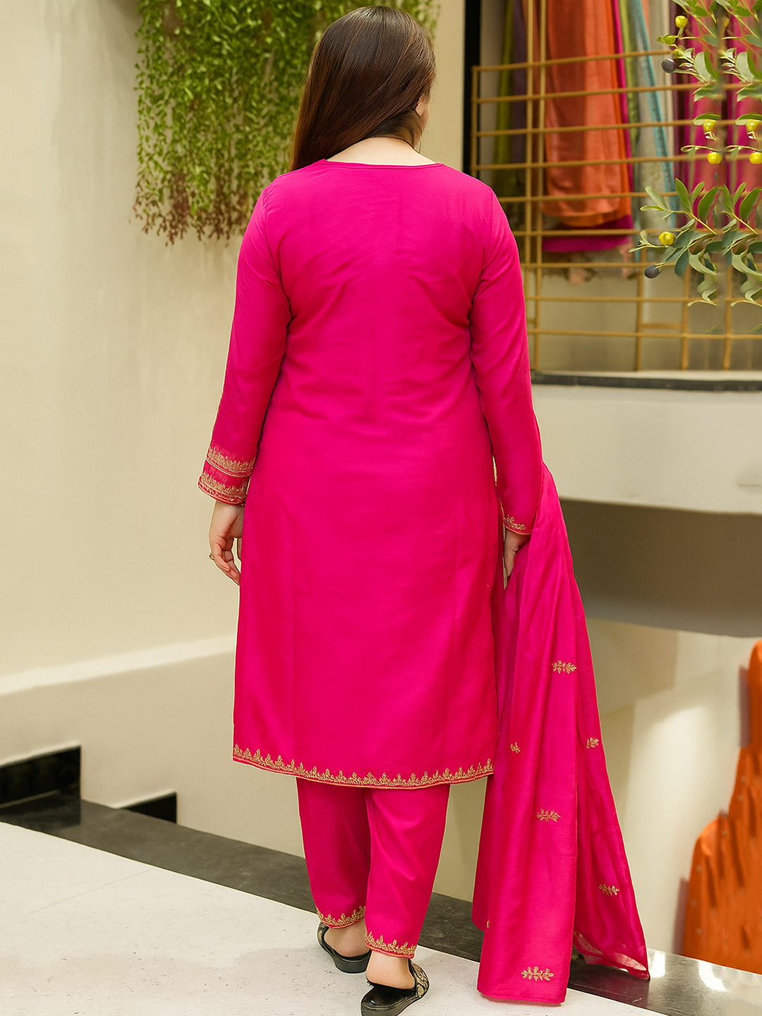 Rani Pink Chanderi Silk Kurta Pant Set With Thread Embroidered With Sequins Work