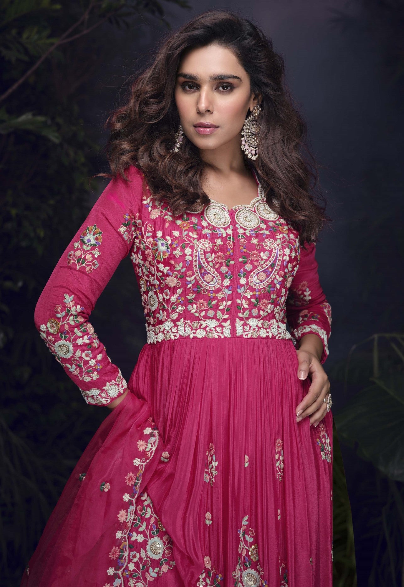 Rani Pink Chinon Silk Gown With Handcrafted Embroidery
