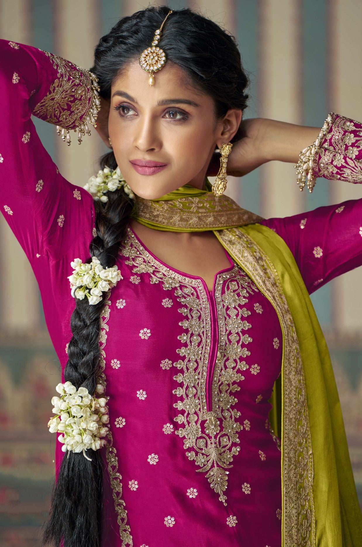 Rani Pink Chinon Silk Palazzo Suit With Embellished Mirror Work