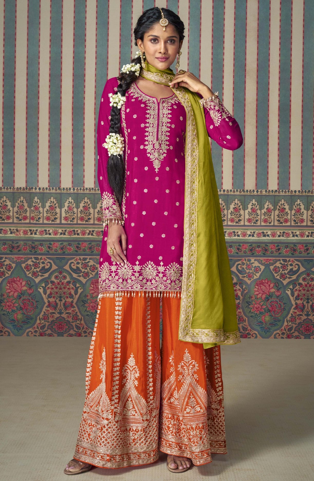 Rani Pink Chinon Silk Palazzo Suit With Hand Mirror Work