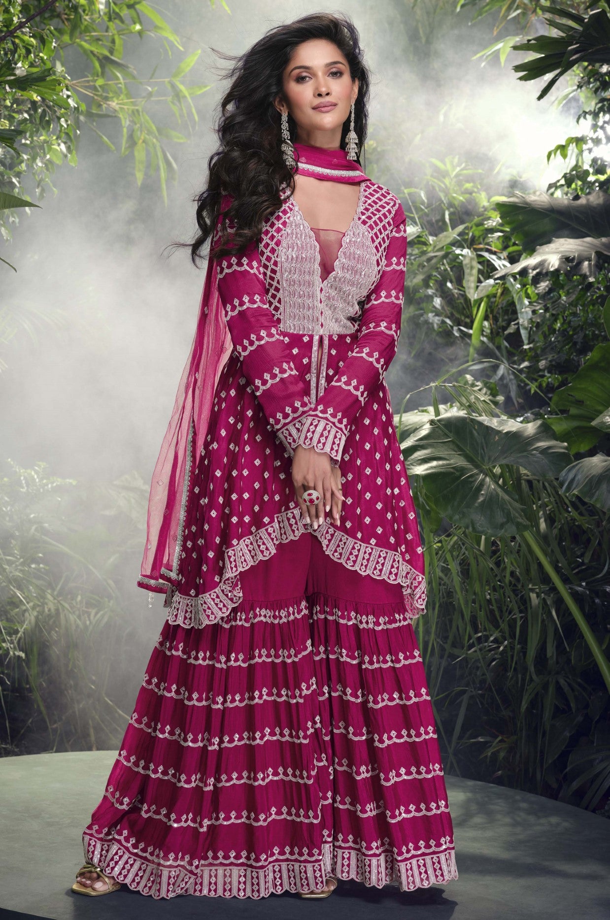 Rani Pink Chinon Silk Palazzo Suit With Mirror Embroidery