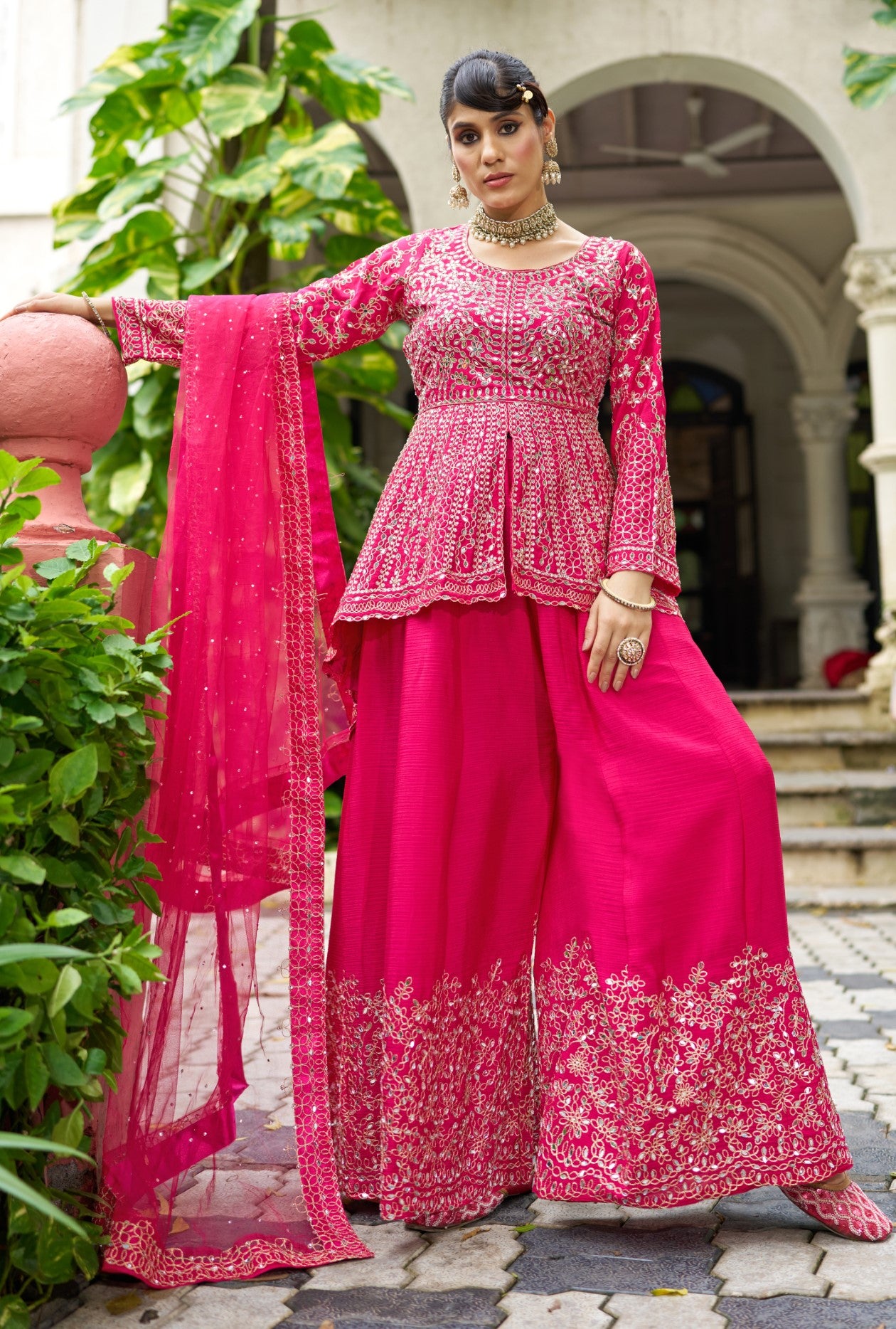 Rani Pink Chinon Silk Salwar Suit With Real Mirror Work