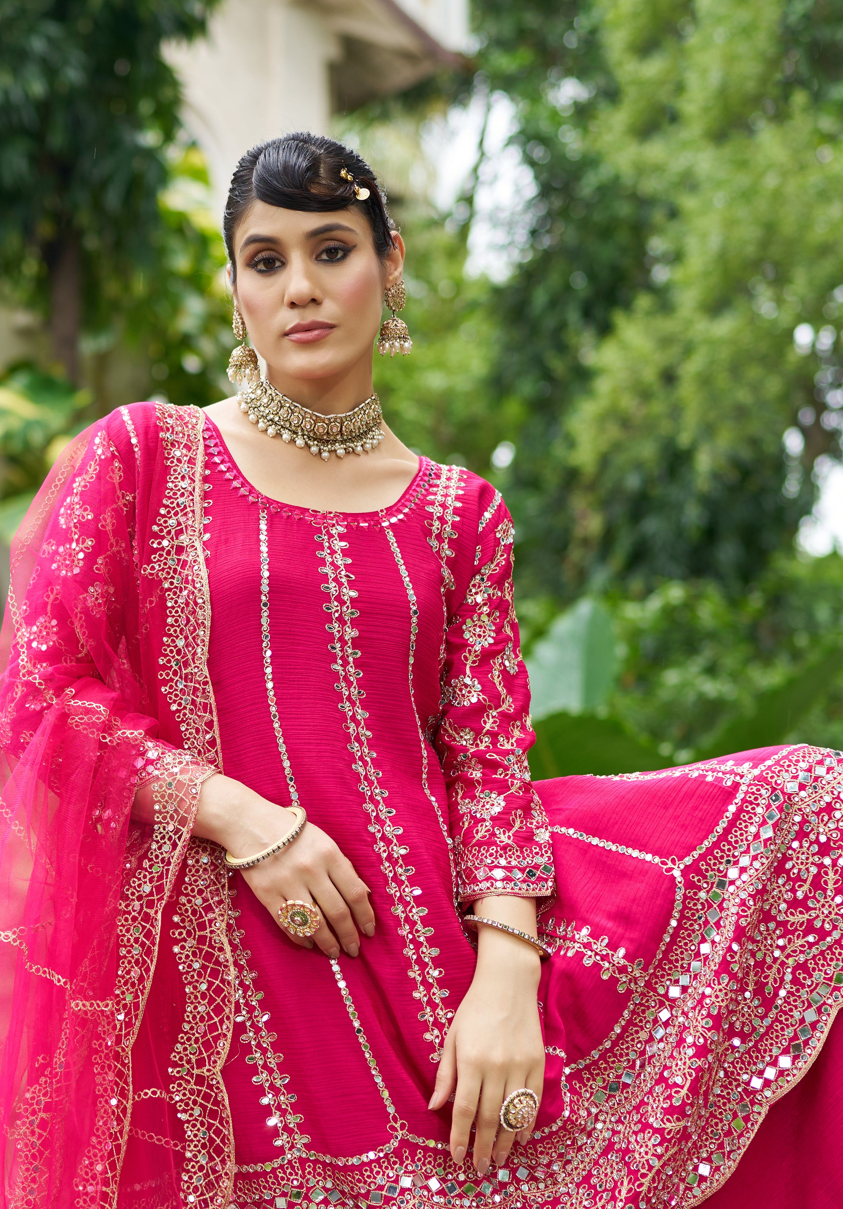 Rani Pink Chinon Silk Salwar Suit With Real Mirror Work