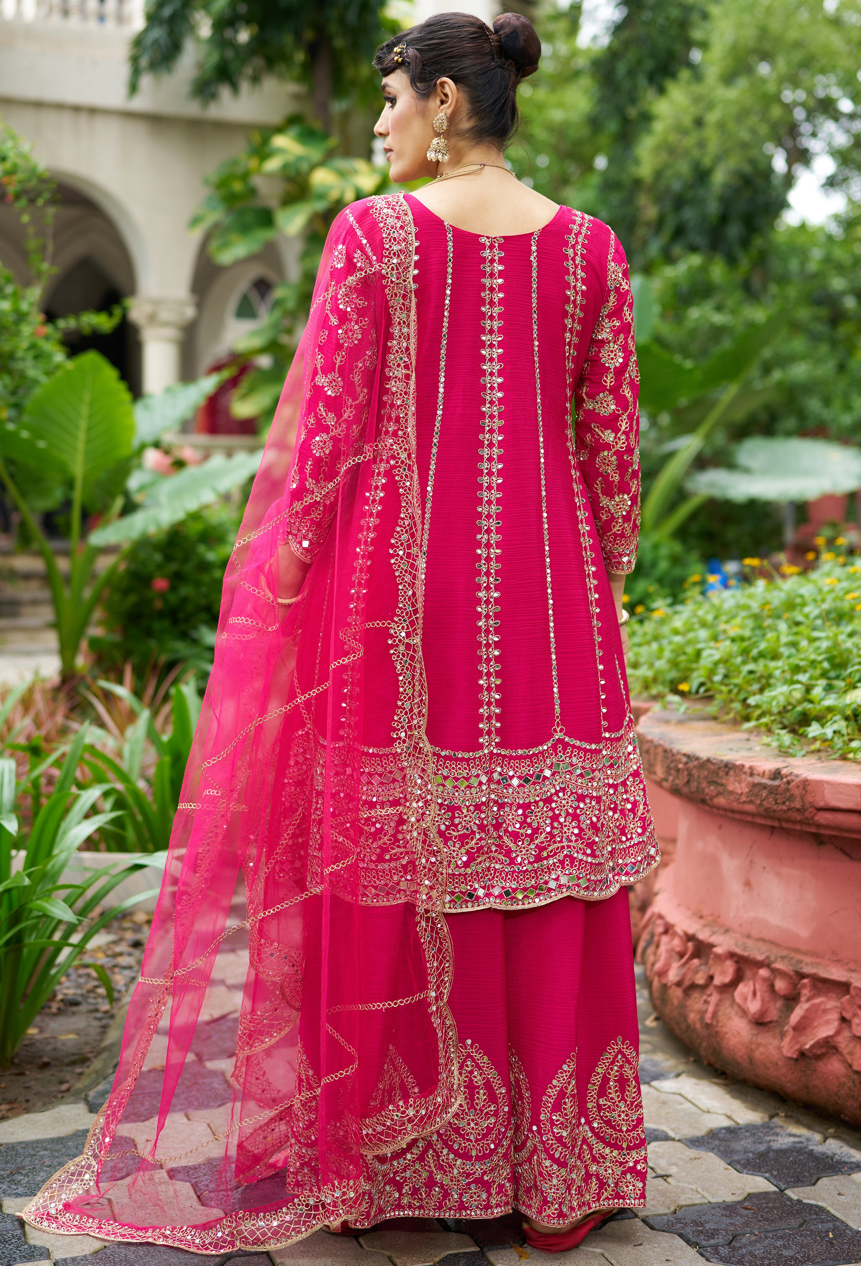 Rani Pink Chinon Silk Salwar Suit With Real Mirror Work