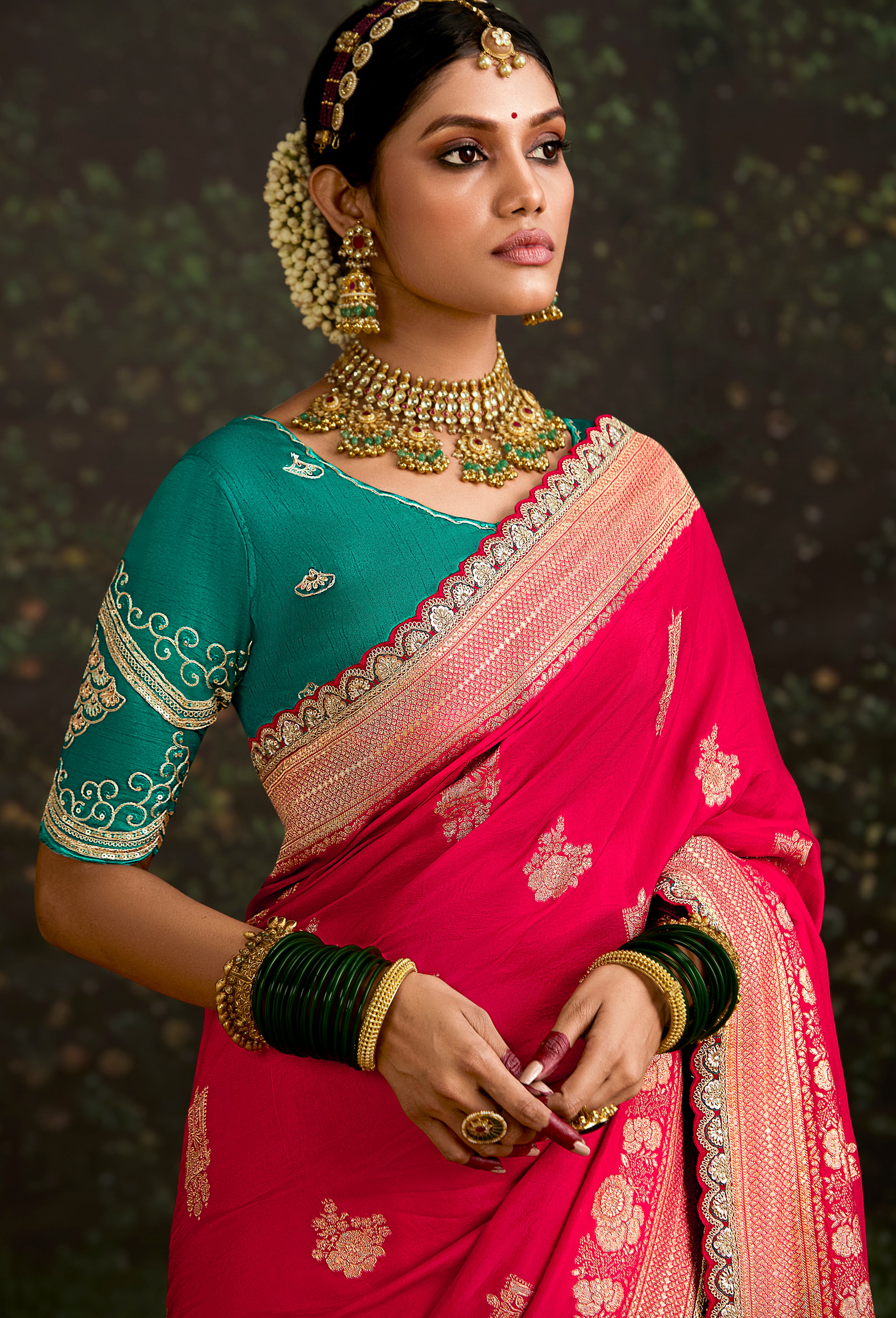 Rani Pink Dola Silk Saree With  Jacquard Woven with Embroidered Lace Border