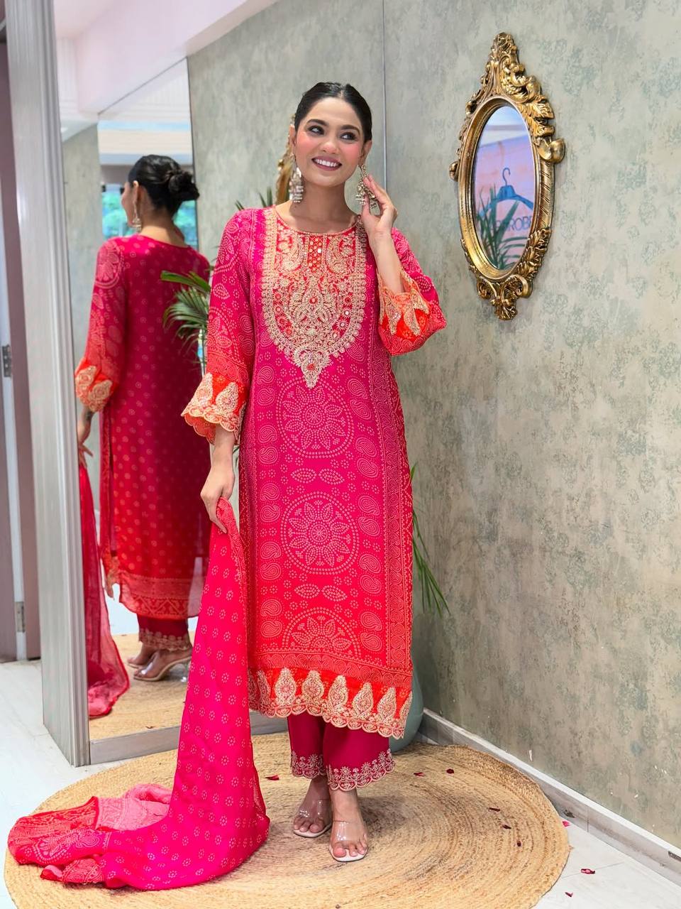 Rani Pink French Crepe Kurta Pant Set With Bandhani Print With Heavy Thread Embroidered Work