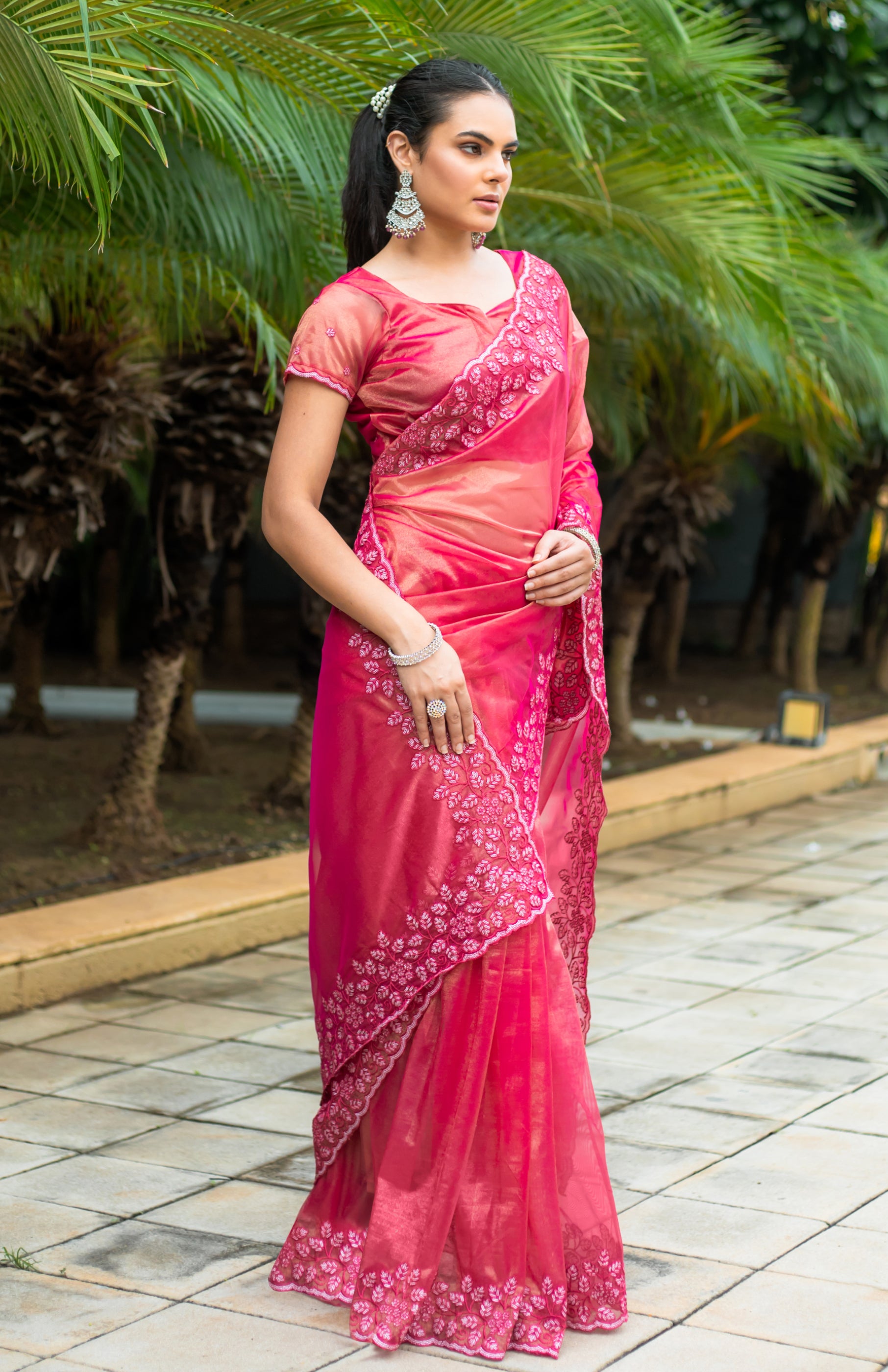 Rani Pink Gold-Infused Twill Saree with Elegant Embroidery Work