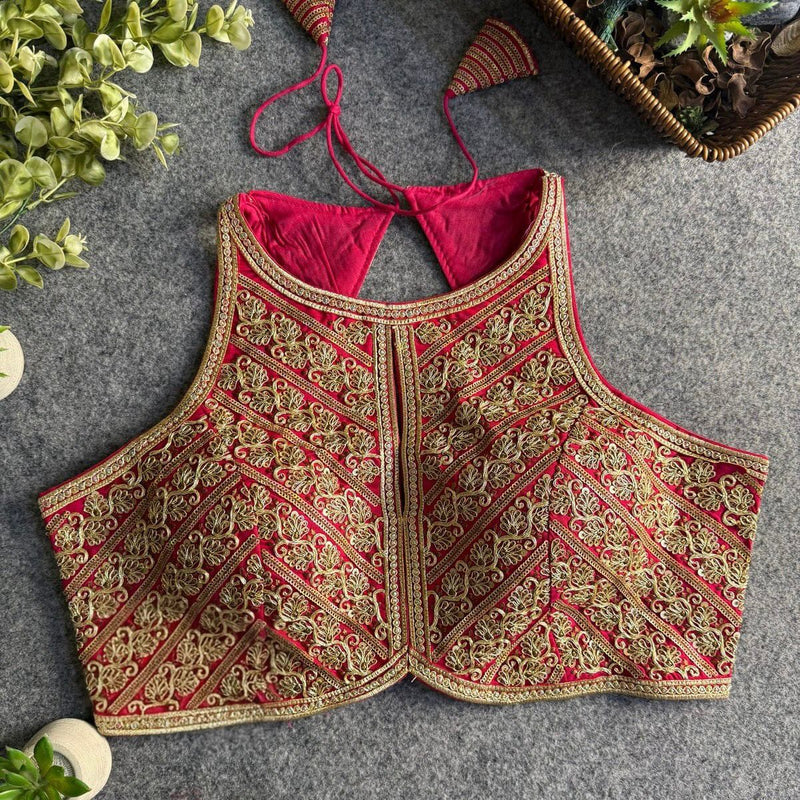 Rani Pink Halter Neck Partywear Blouse in Roman Silk with Embroidery & Sequins Work